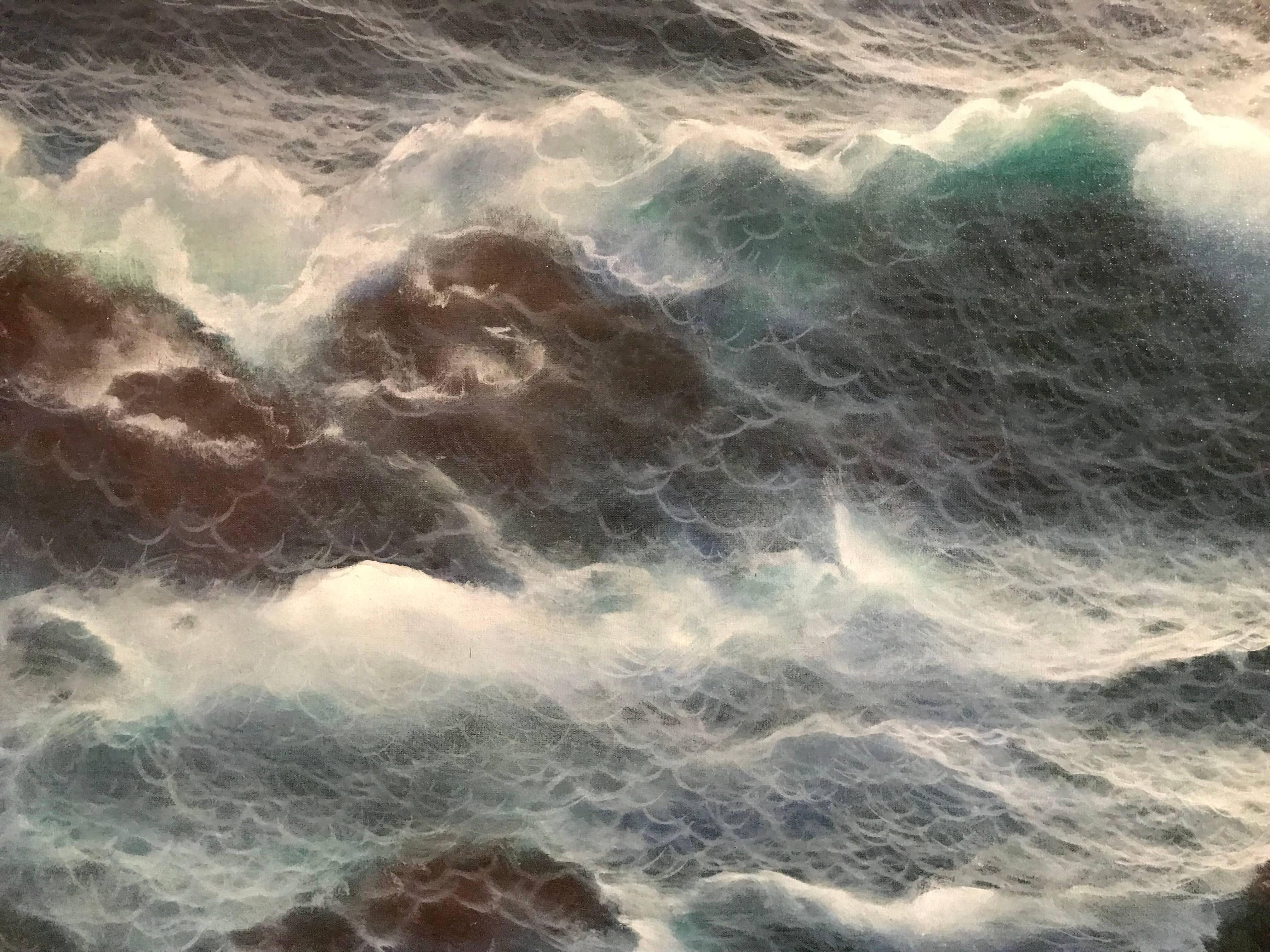 Sunset over Breaking Waves, huge oil painting - Gray Landscape Painting by Remo Aldini