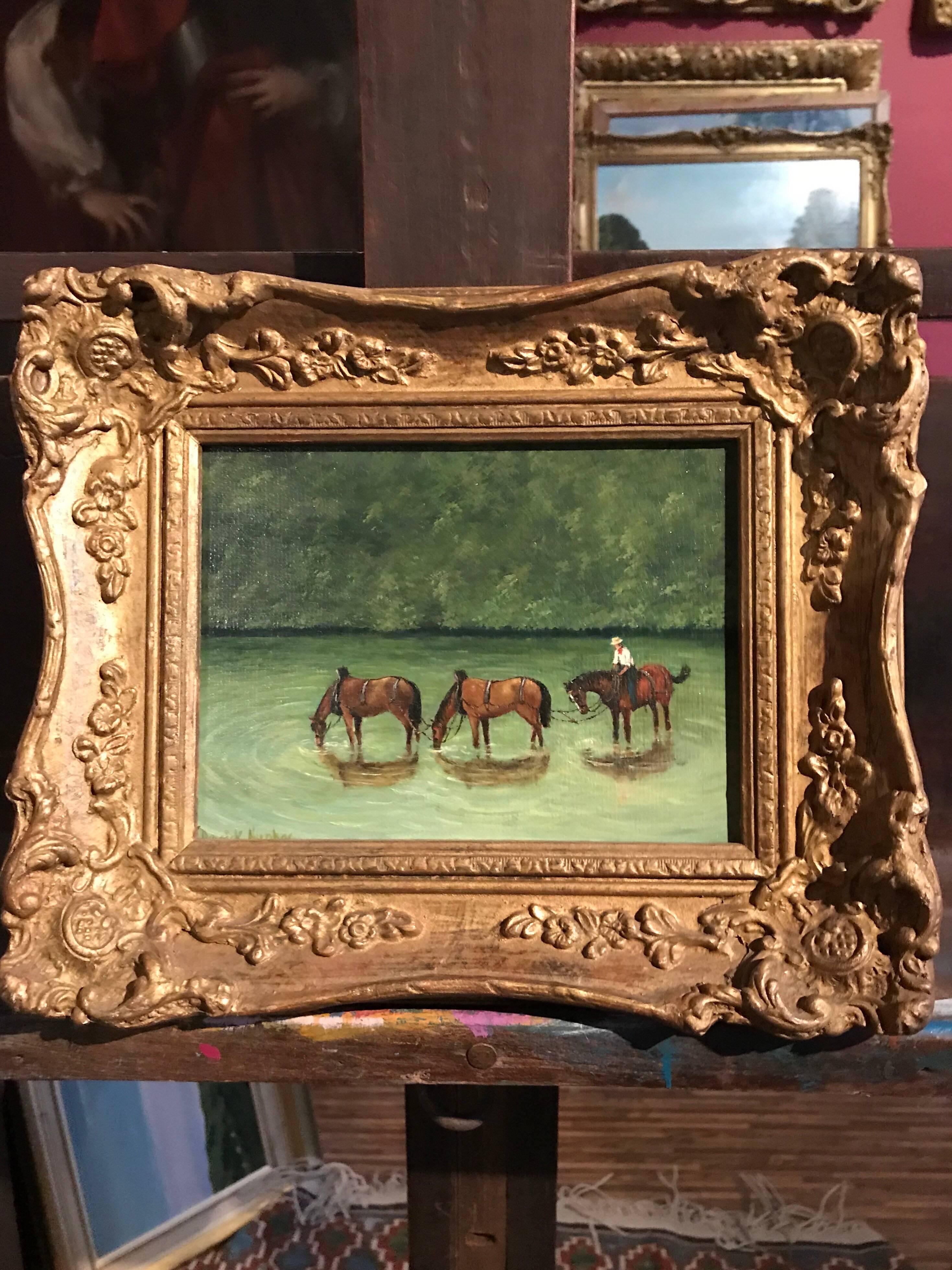 Cowboy on Horseback in River - Painting by Derrick Hughes
