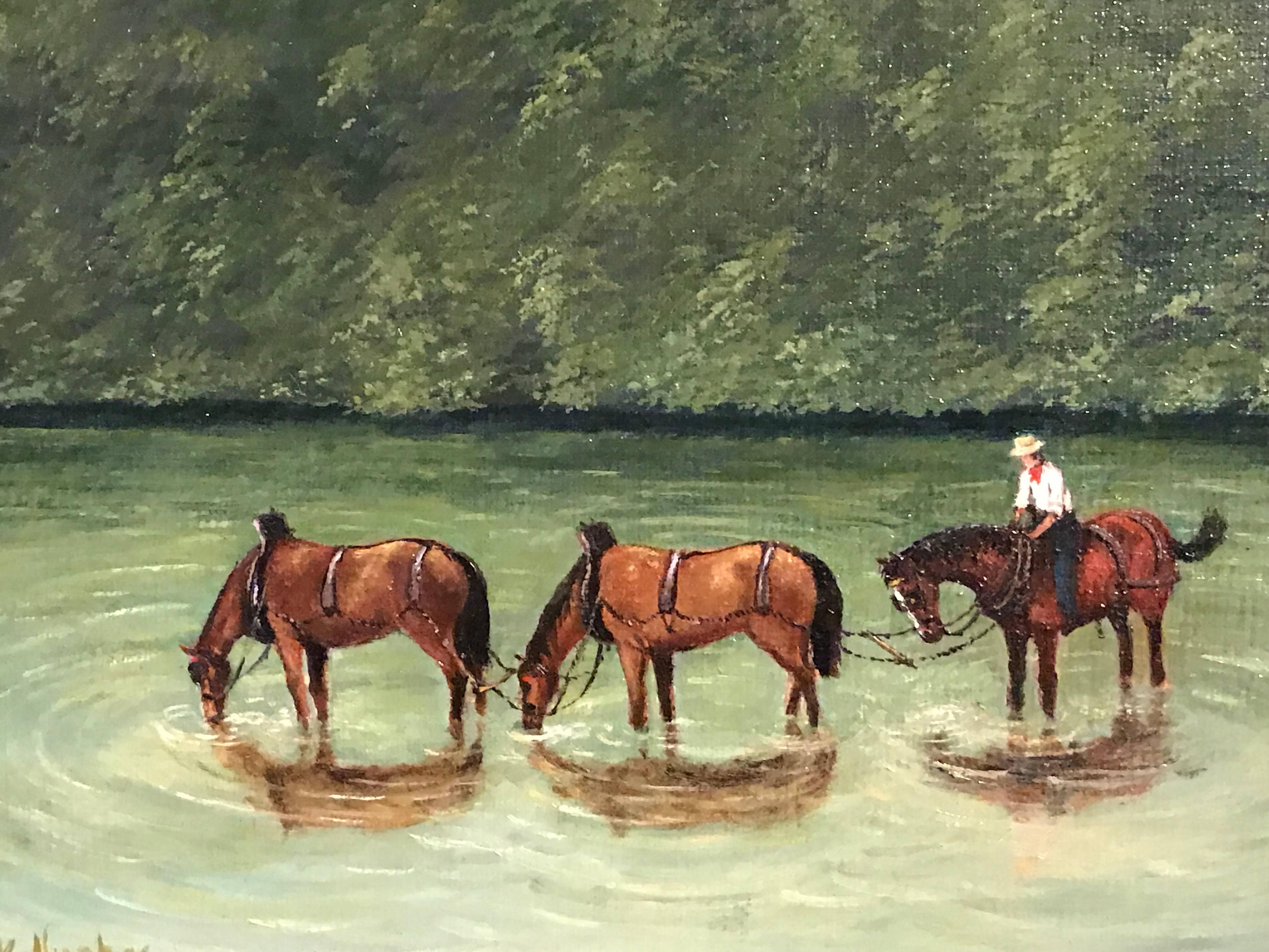 Cowboy on Horseback in River - Realist Painting by Derrick Hughes