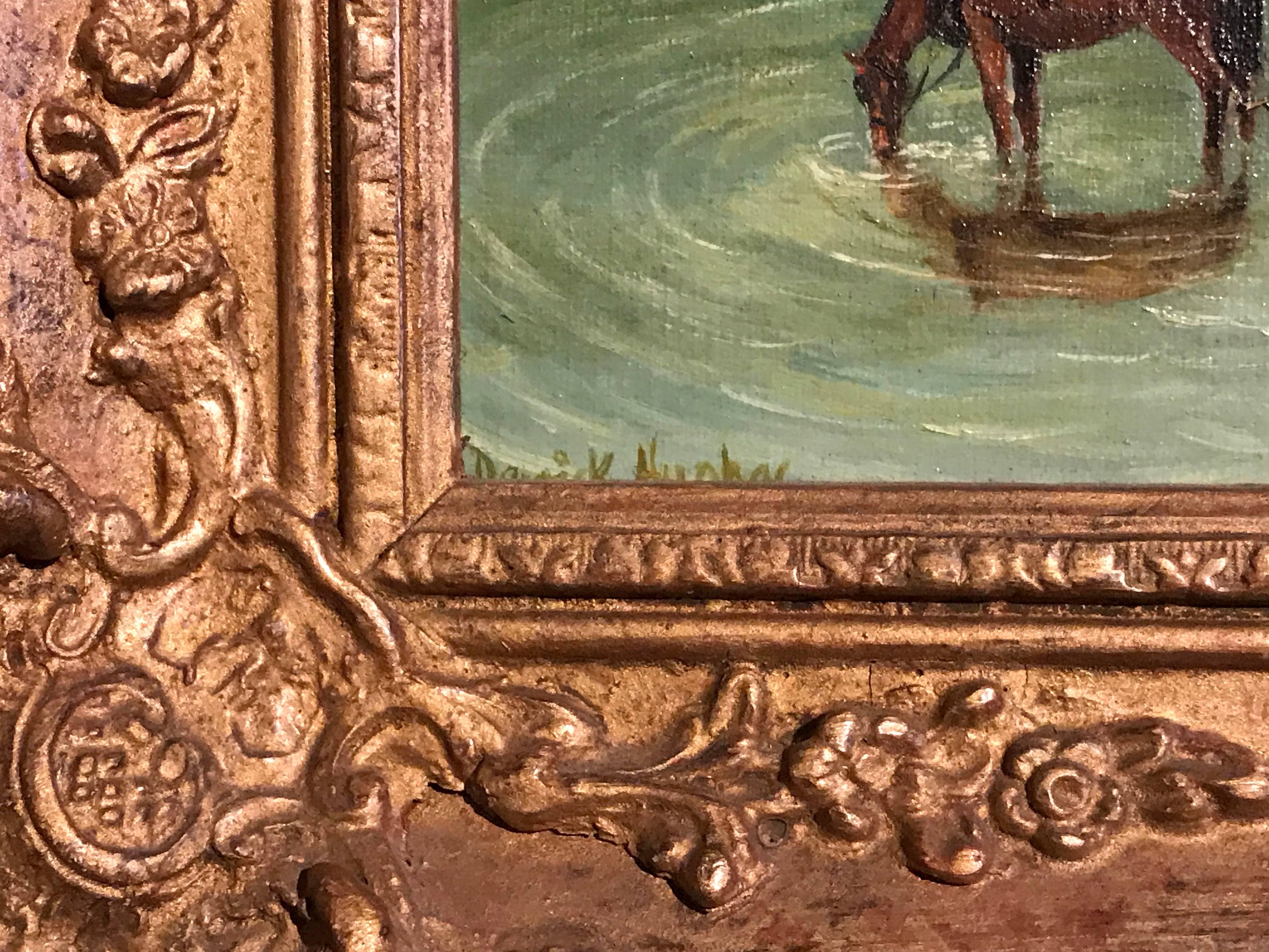Cowboy on Horseback in River - Brown Animal Painting by Derrick Hughes
