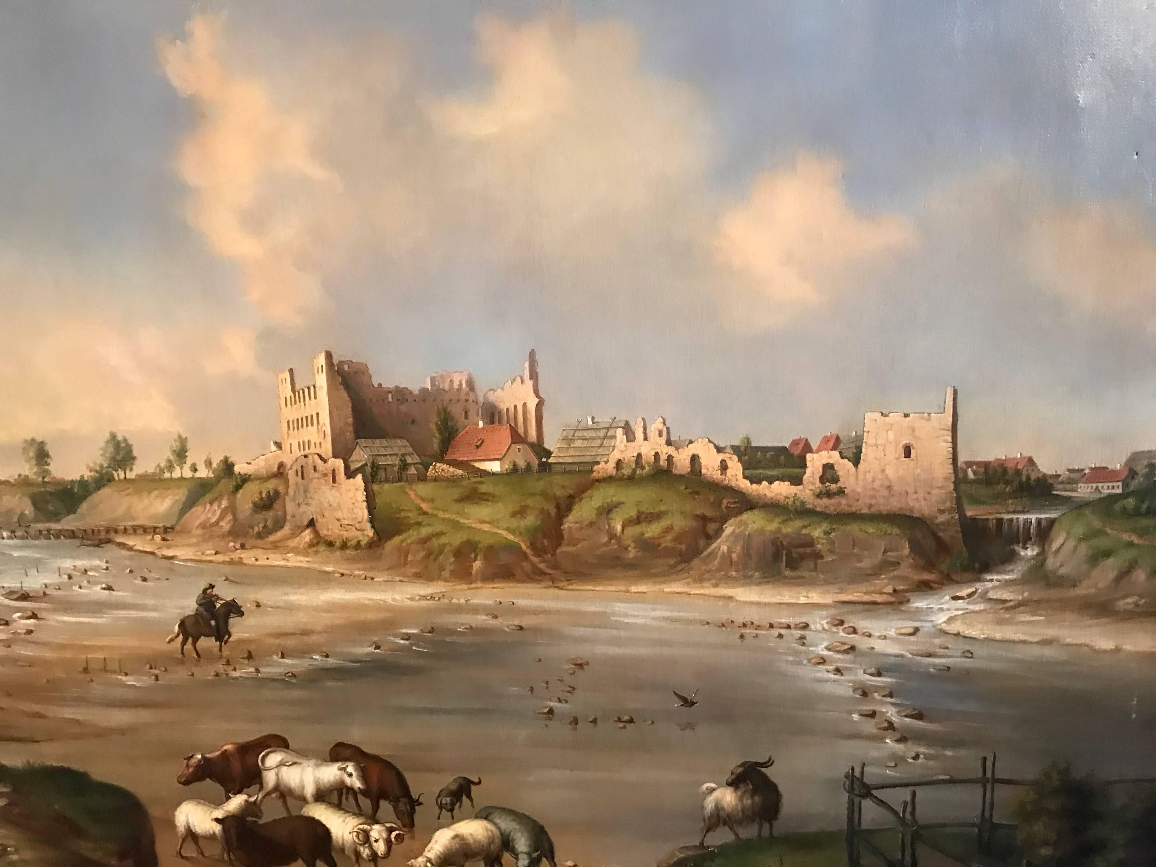 View of Ancient Castle Coastal landscape  - Victorian Painting by Unknown