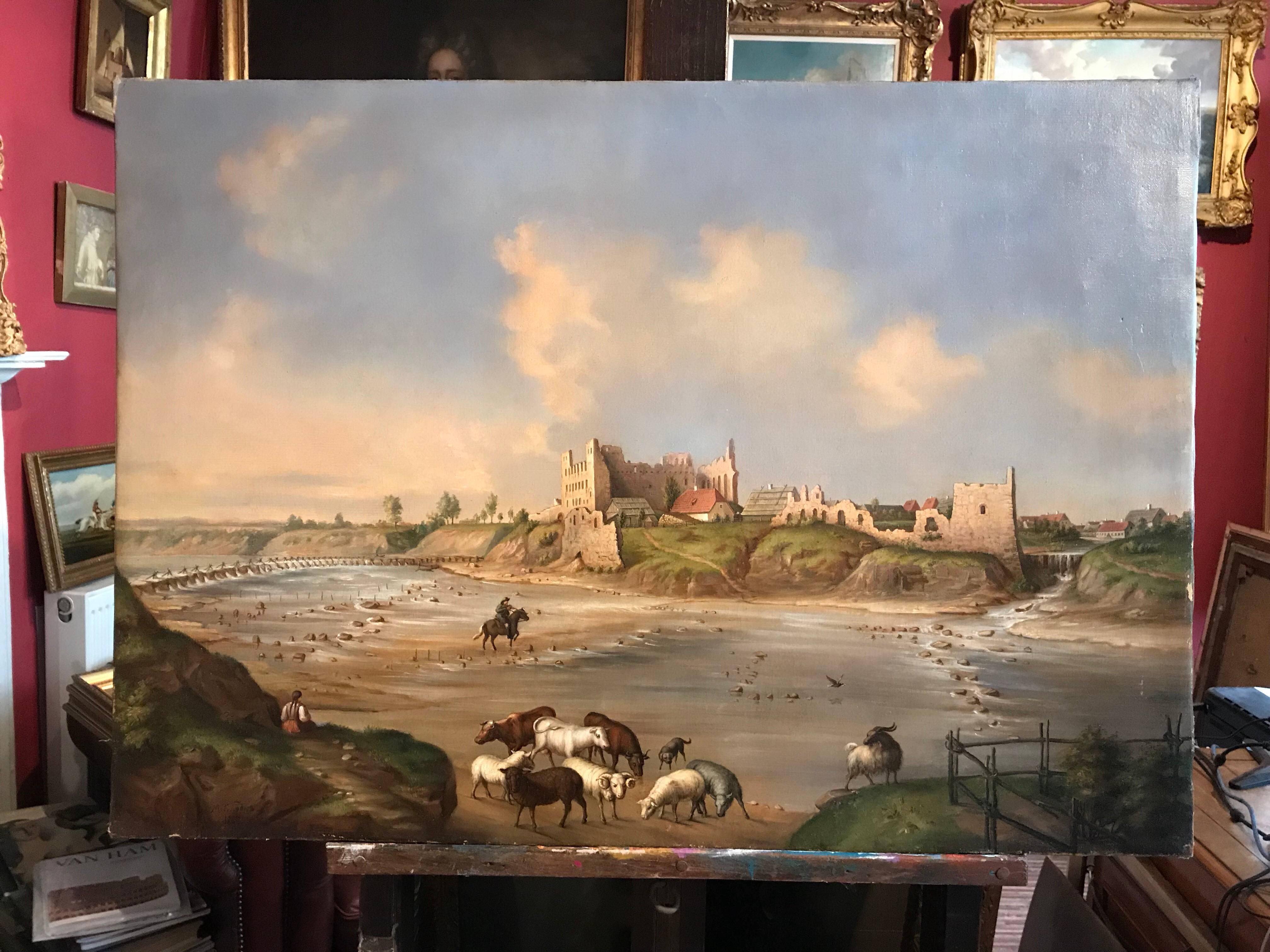 View of Ancient Castle Coastal landscape  - Painting by Unknown