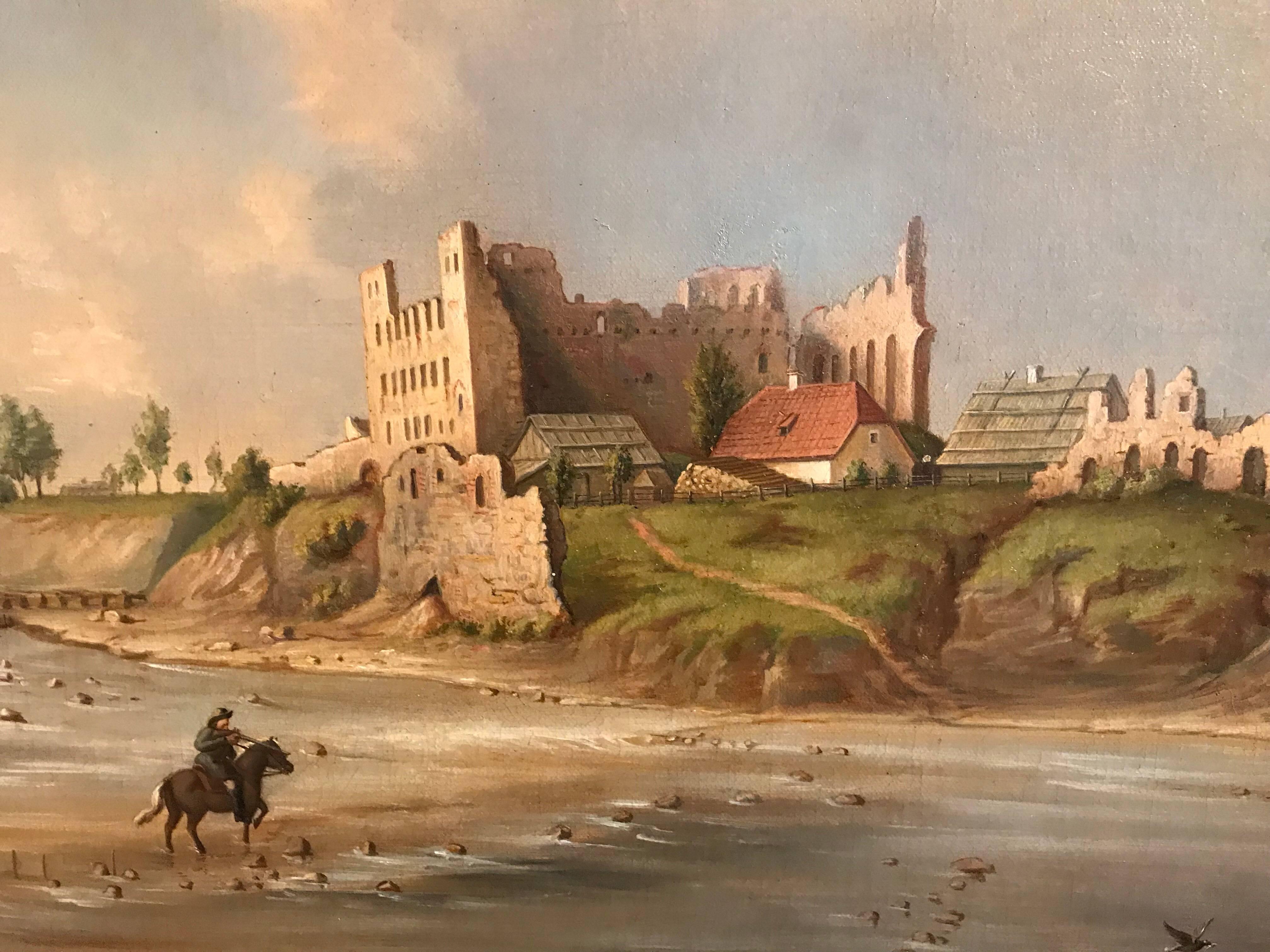 View of Ancient Castle Coastal landscape  - Gray Landscape Painting by Unknown