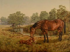 Mare & Foal signed English Oil Painting