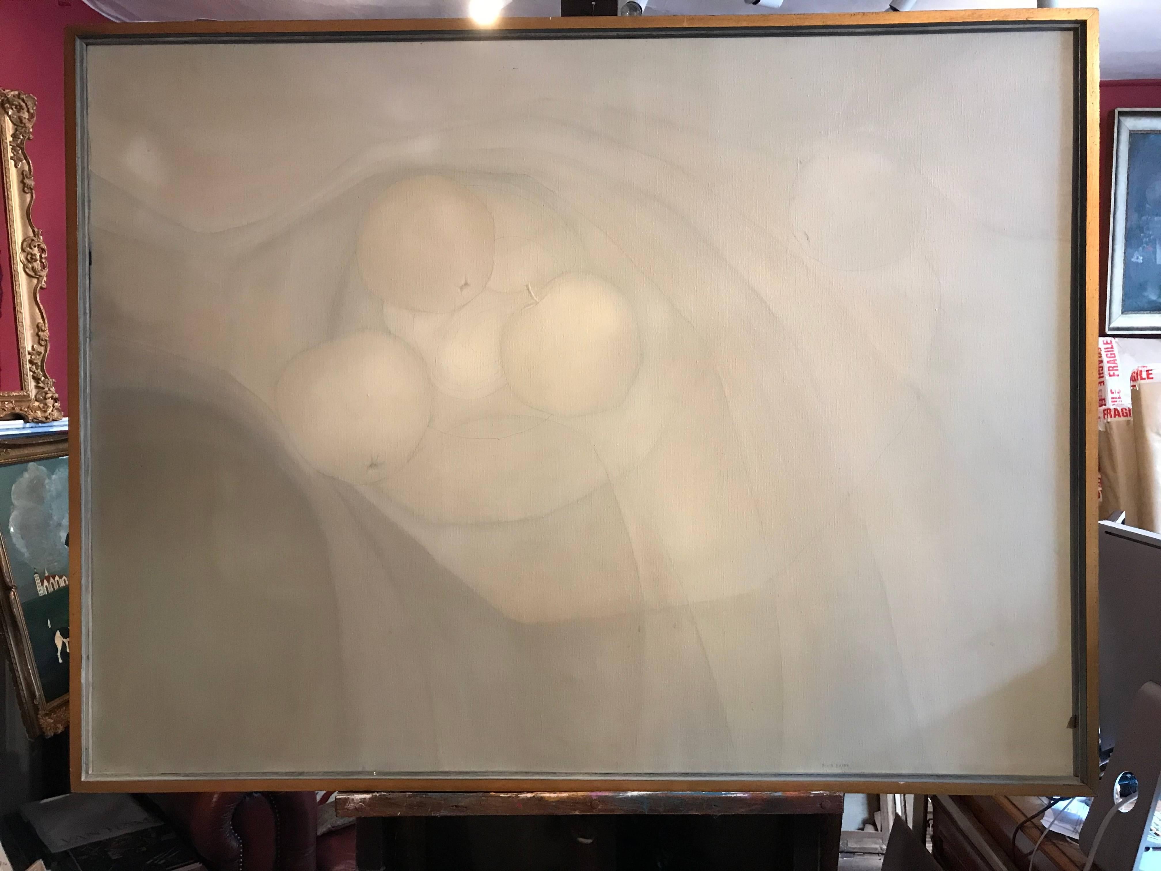 Grey Surrealist Still Life Apples, massive signed oil - Painting by Bob Baker