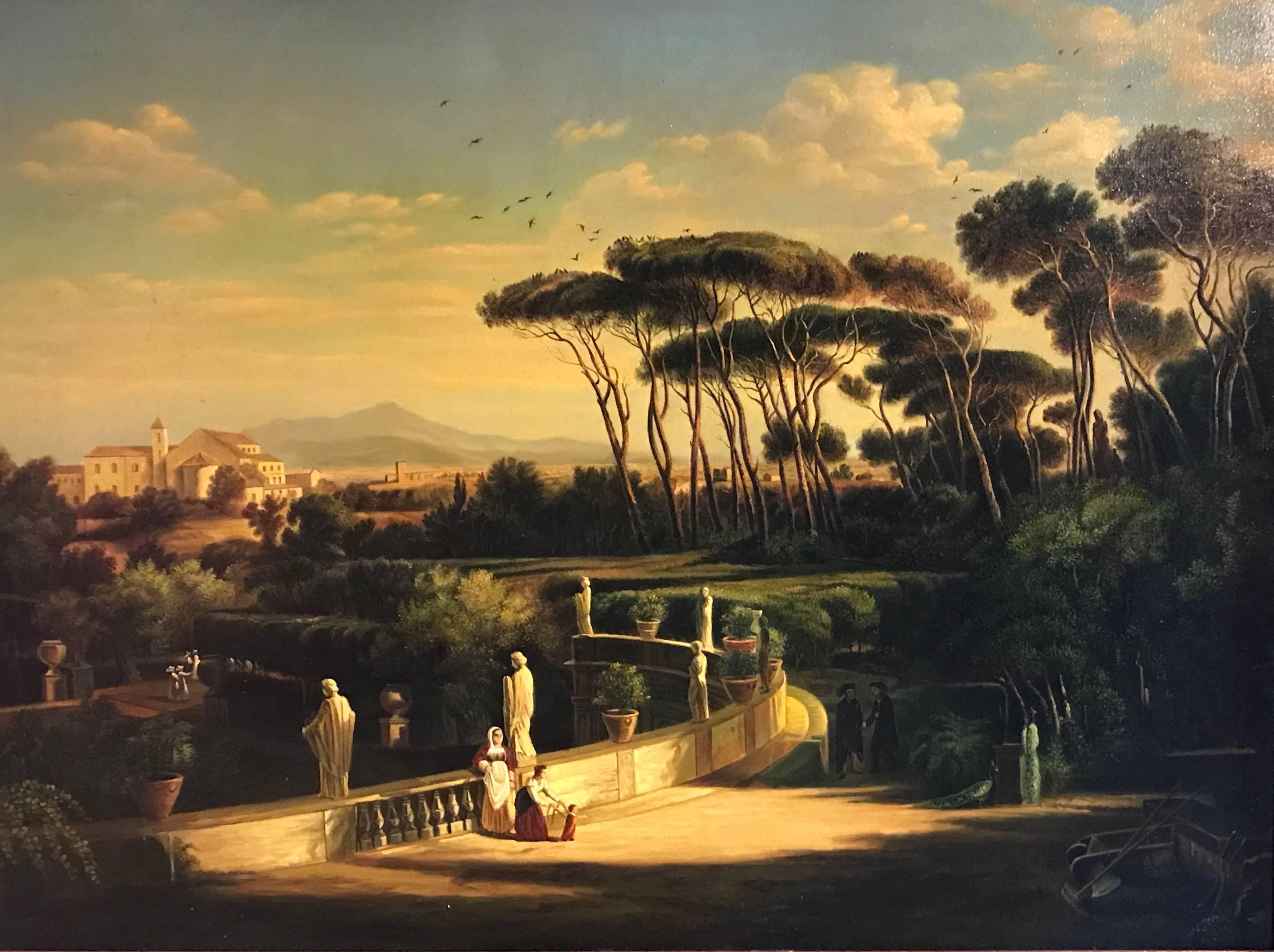 Unknown Landscape Painting - Classical Figures Ancient Italianate Landscape, huge oil painting and frame
