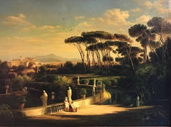 Classical Figures Ancient Italianate Landscape, huge oil painting and frame