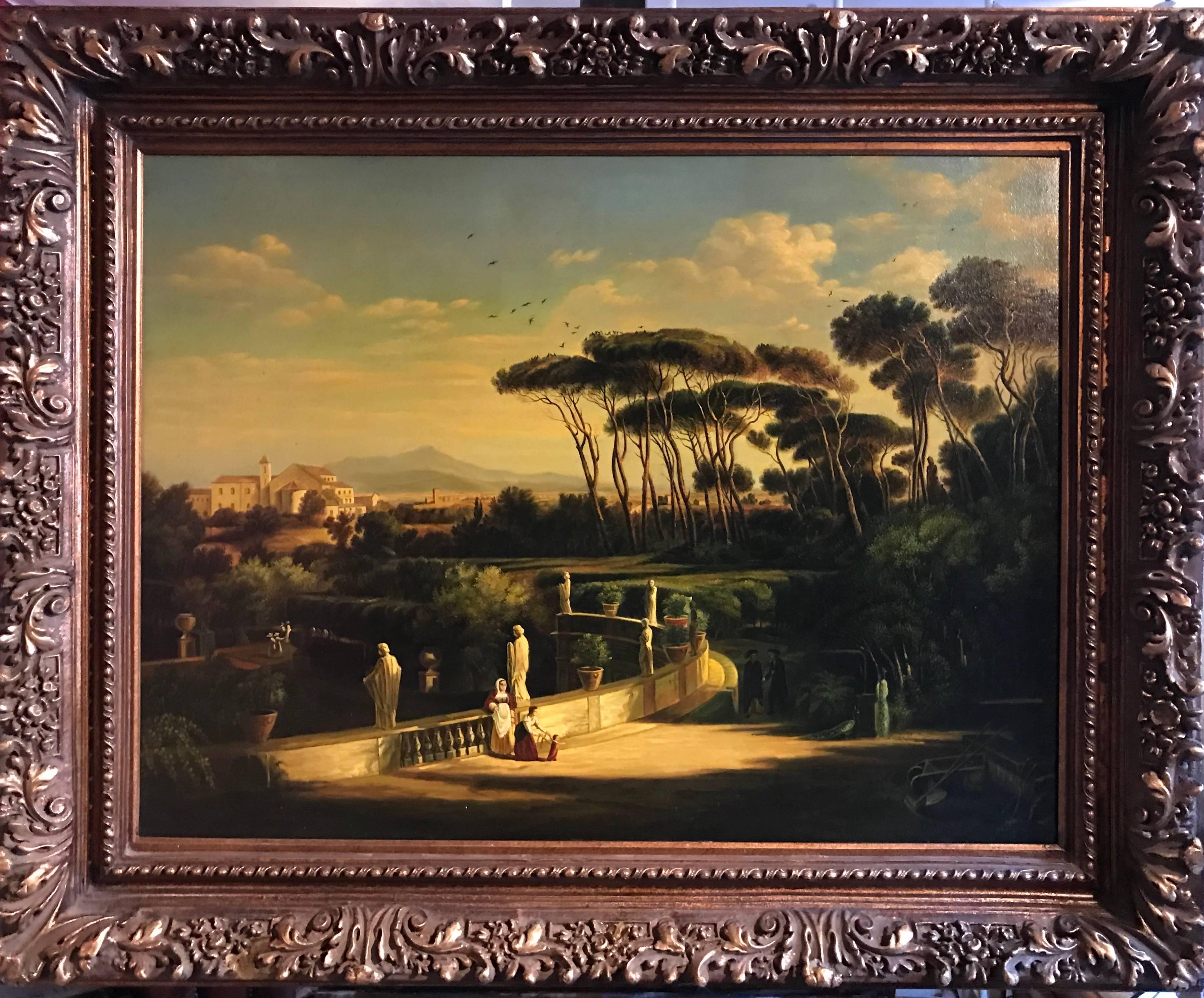 Classical Figures Ancient Italianate Landscape, huge oil painting and frame - Painting by Unknown