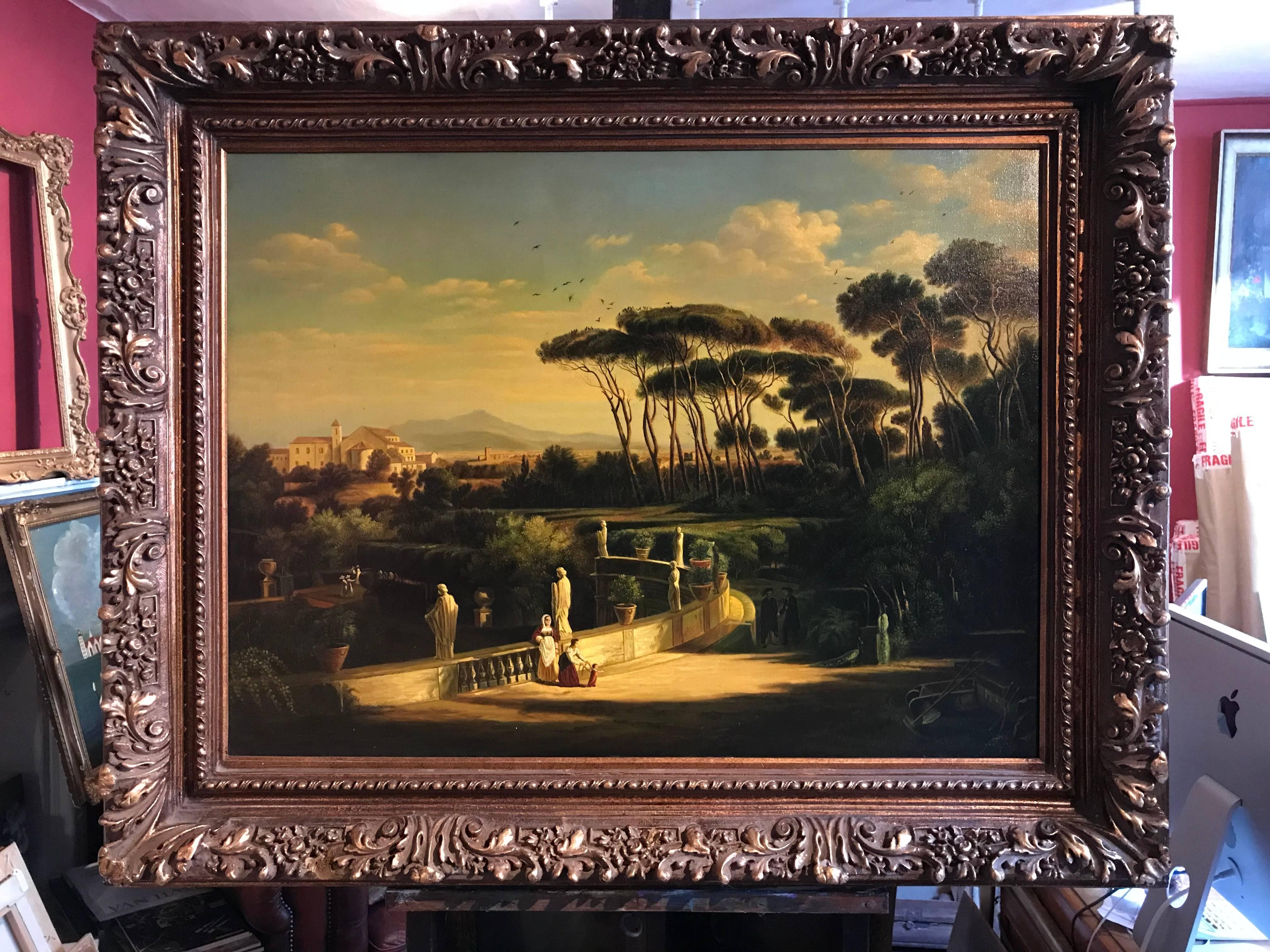 Classical Figures Ancient Italianate Landscape, huge oil painting and frame - Old Masters Painting by Unknown
