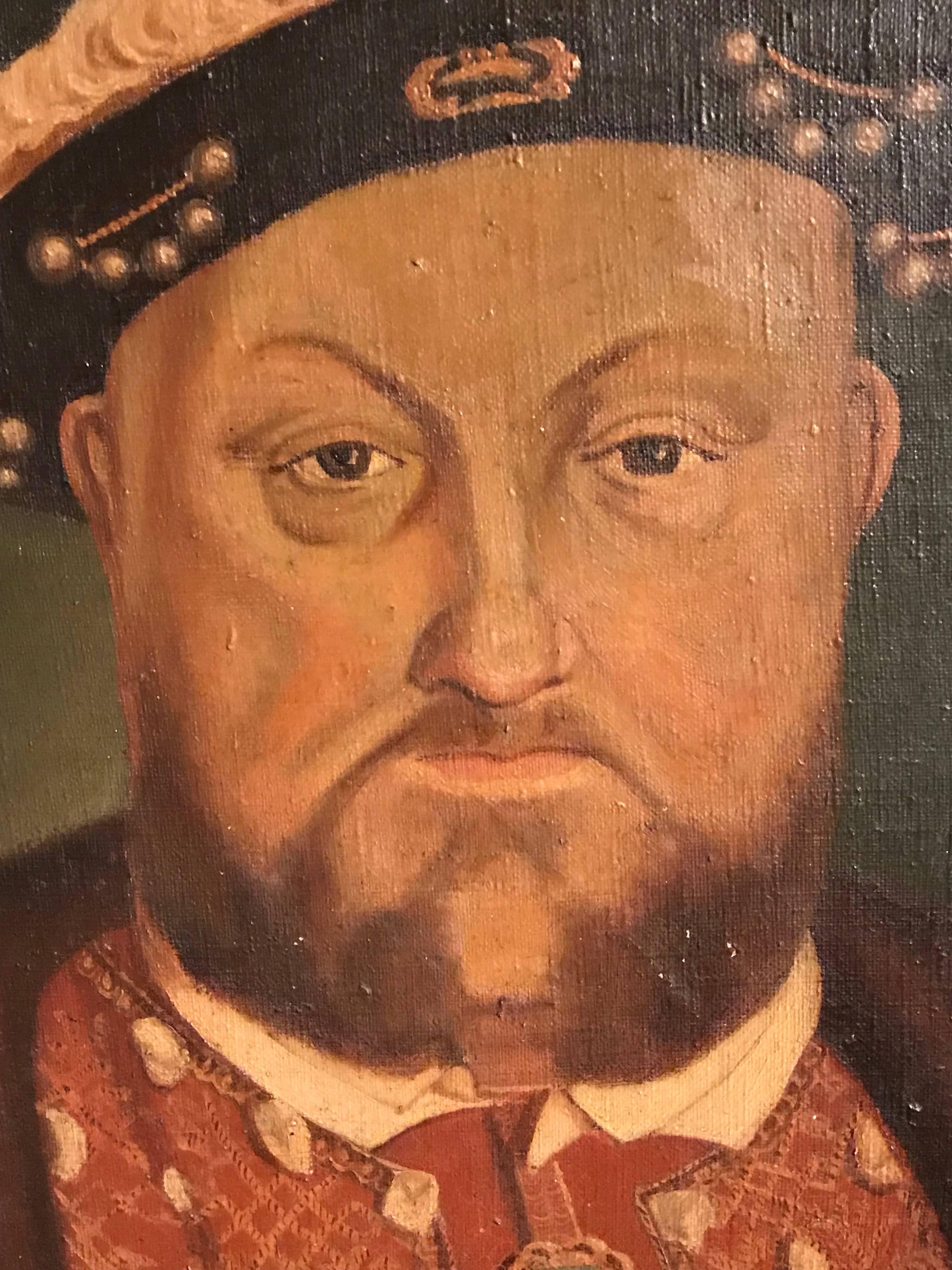 King Henry VIII
English School, early 1900's
oil painting on canvas, framed
canvas: 49cm x 39cm

Henry VIII (28 June 1491 – 28 January 1547) was King of England from 21 April 1509 until his death. Henry was the second Tudor monarch, succeeding his