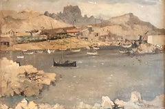 Vintage French Impressionist Signed Oil Fishing Boats in Estuary
