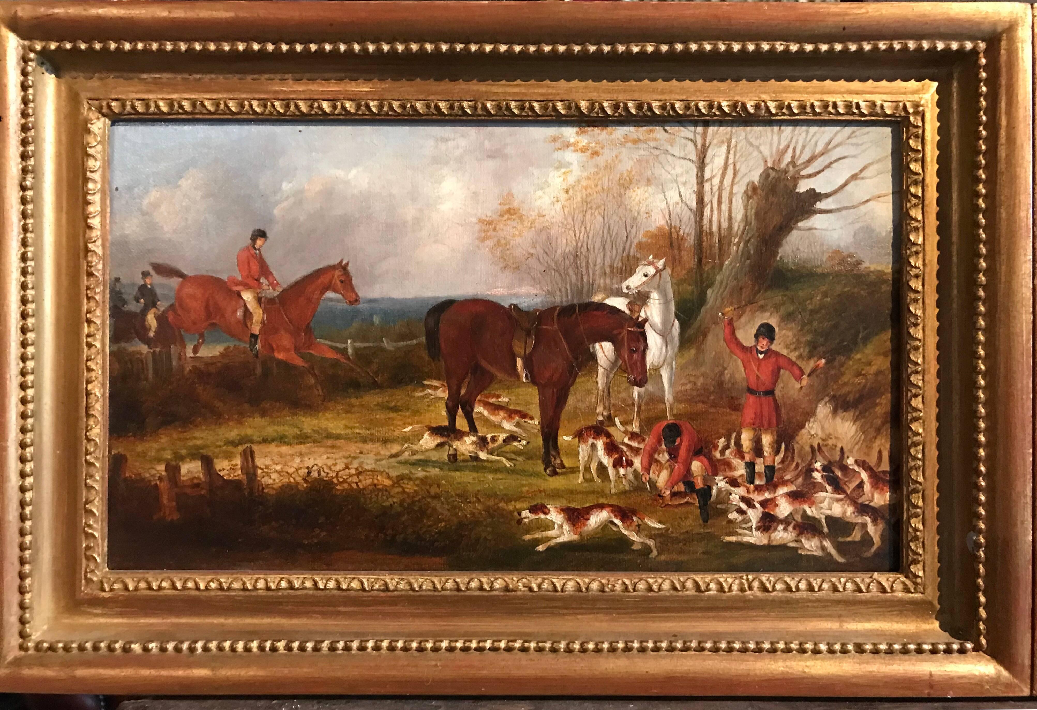 Pair English Hunting Scenes, antique oil paintings on canvas - Victorian Painting by Unknown