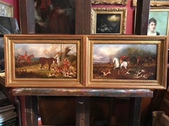 Pair English Hunting Scenes, antique oil paintings on canvas