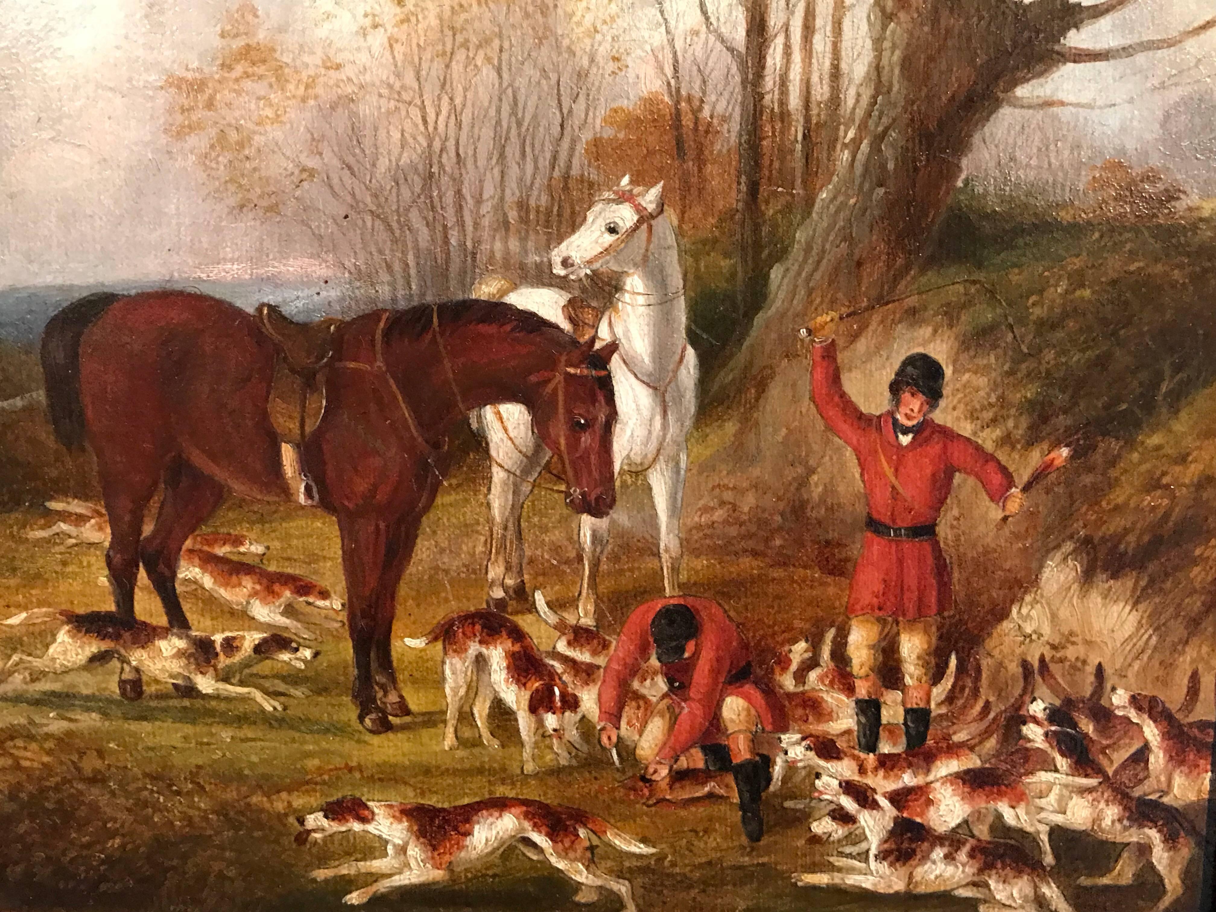 Pair English Hunting Scenes, antique oil paintings on canvas - Brown Landscape Painting by Unknown