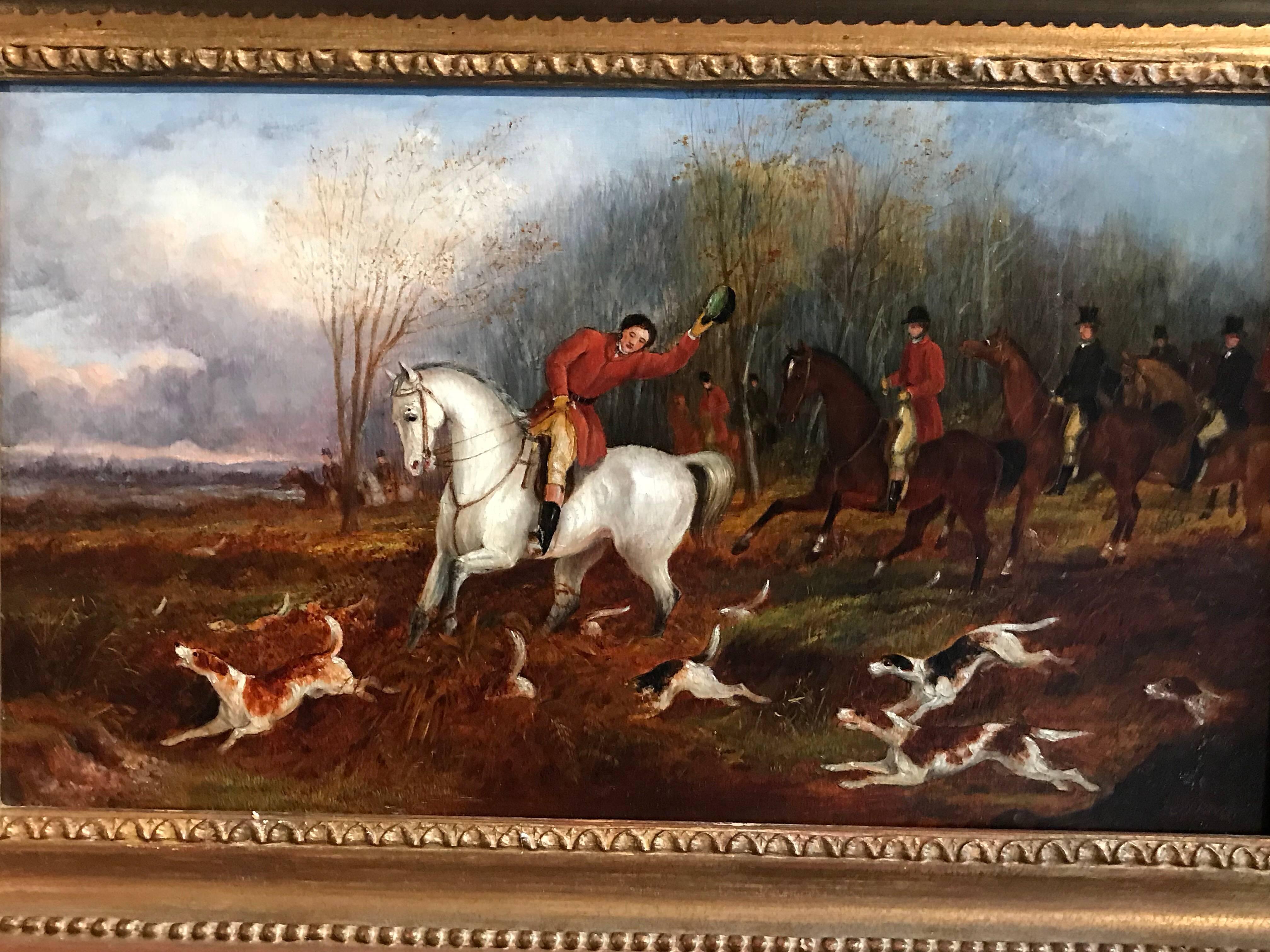 Pair English Hunting Scenes, antique oil paintings on canvas 1