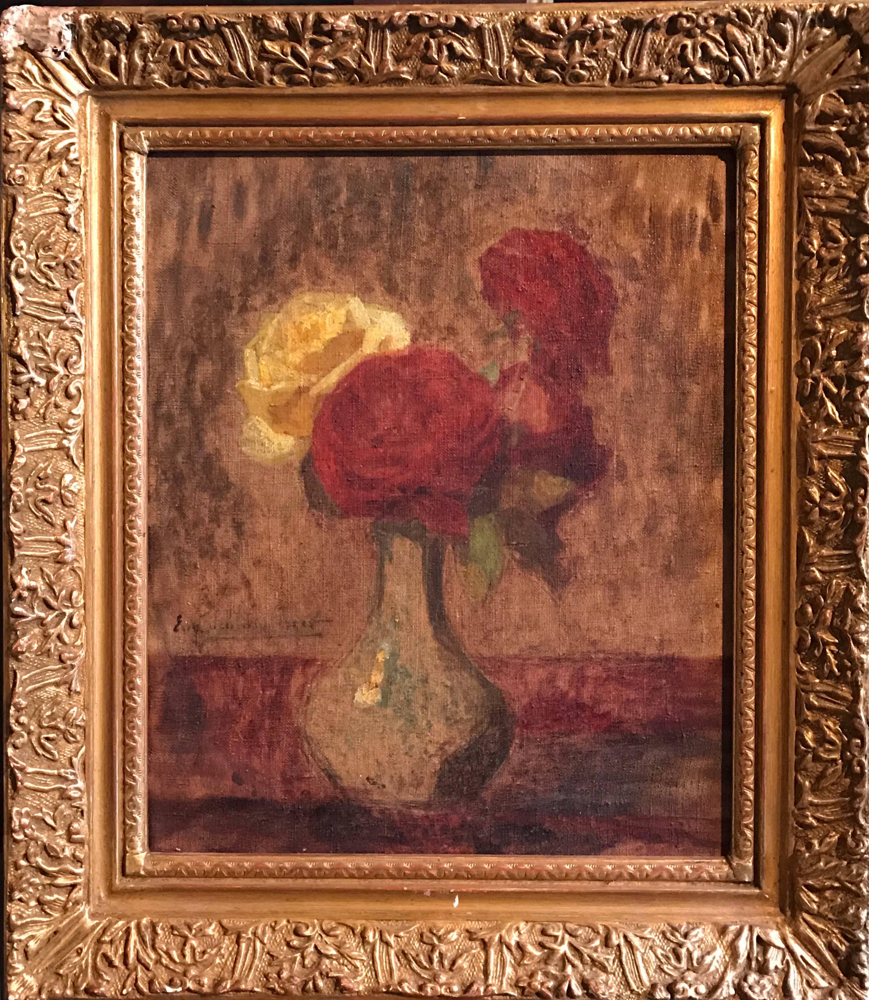 Jarrón de rosas - Painting de Eugene Jacques Schlumberger