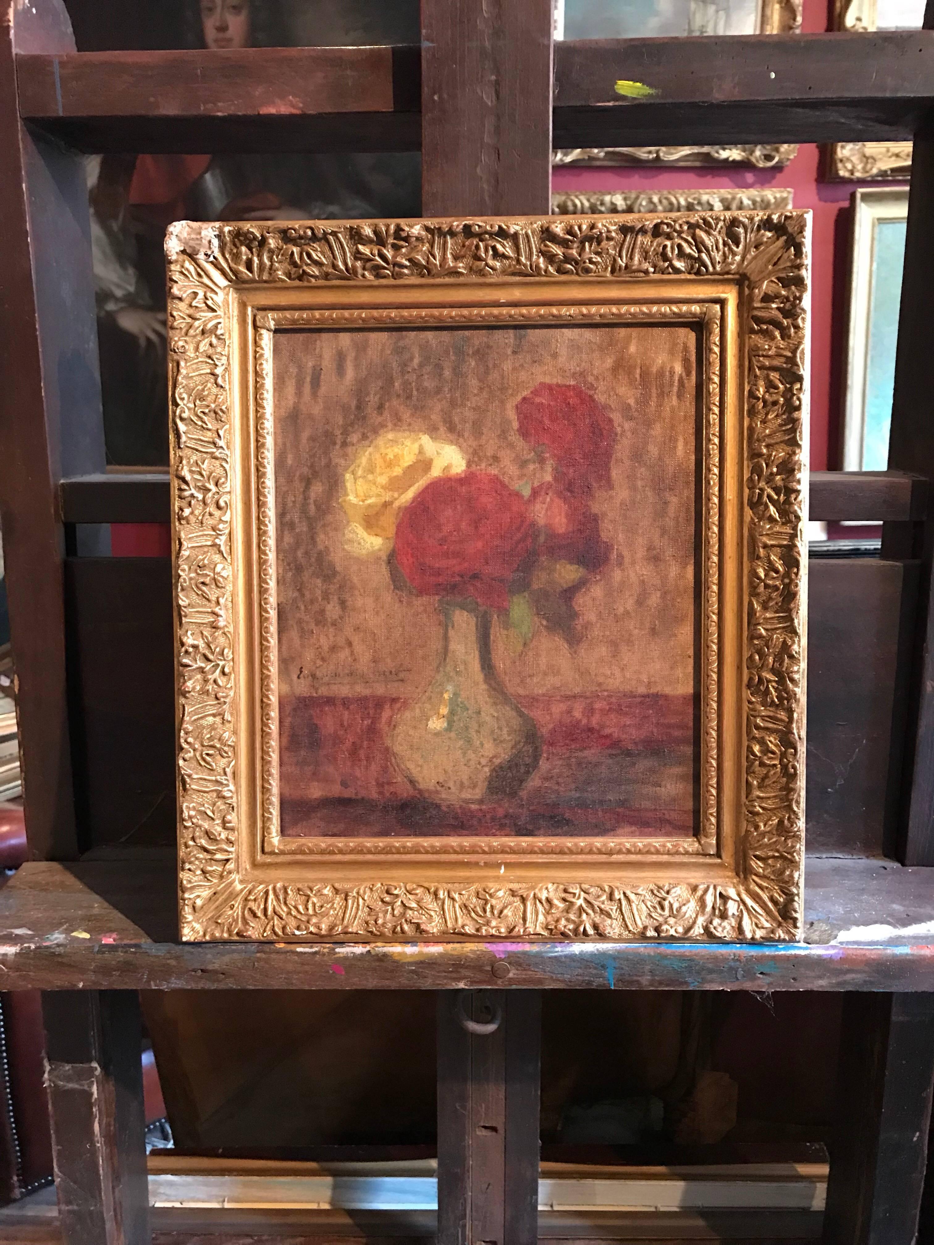 Jarrón de rosas - Painting Impresionista de Eugene Jacques Schlumberger