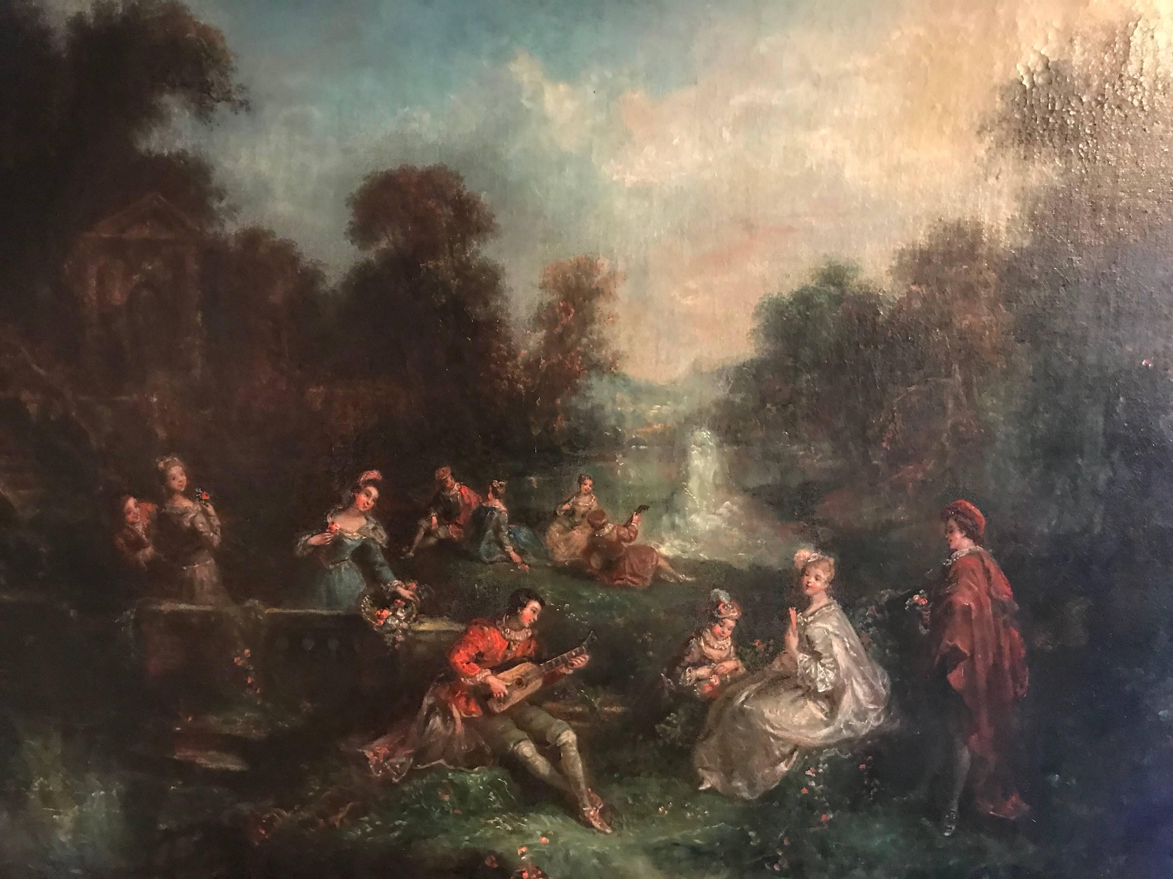 Unknown Landscape Painting - Huge 18th Century French Oil Painting - Fete Champetre Classical Figures