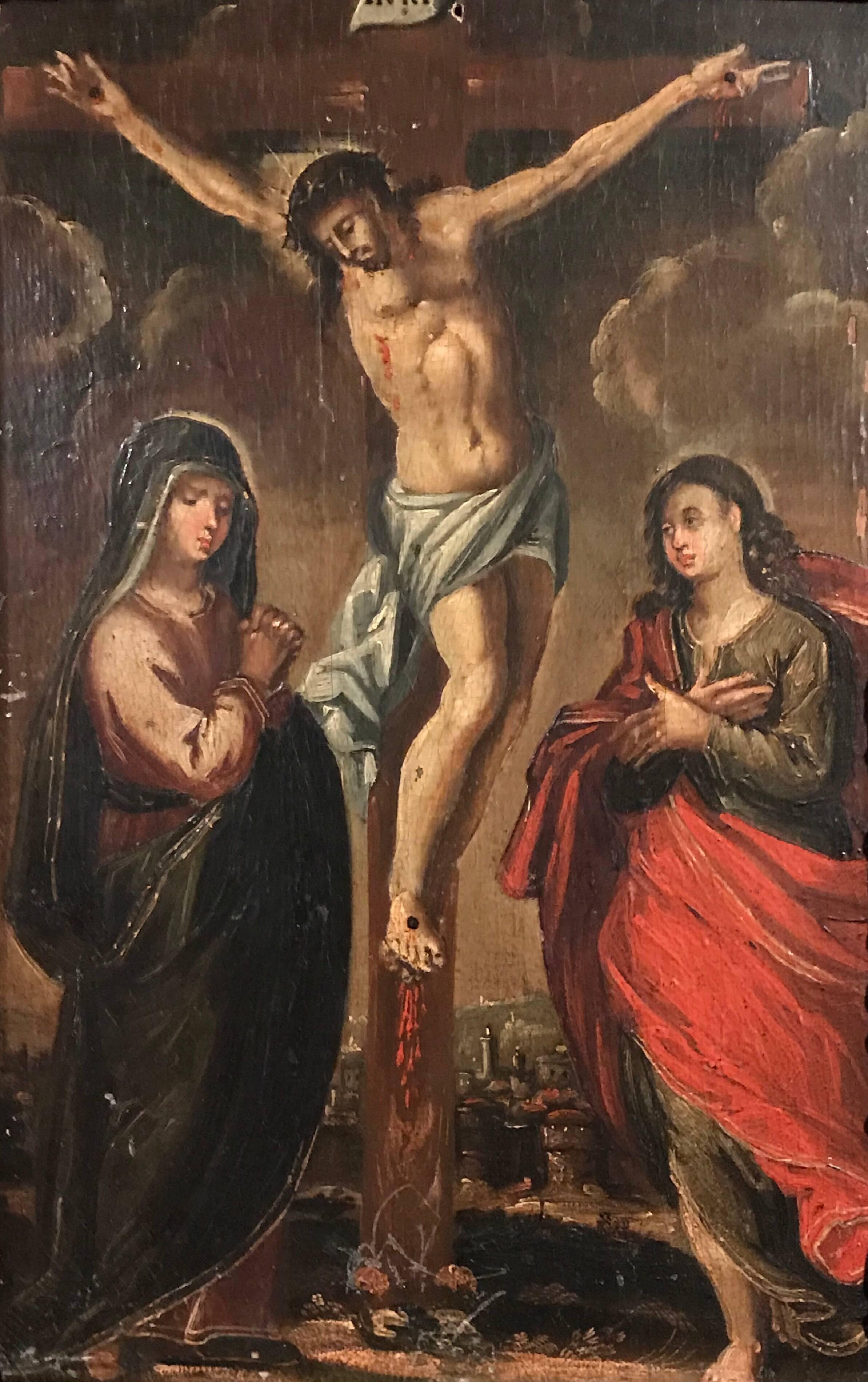 Unknown Figurative Painting - 17th Century Oil on Panel - The Crucifixion