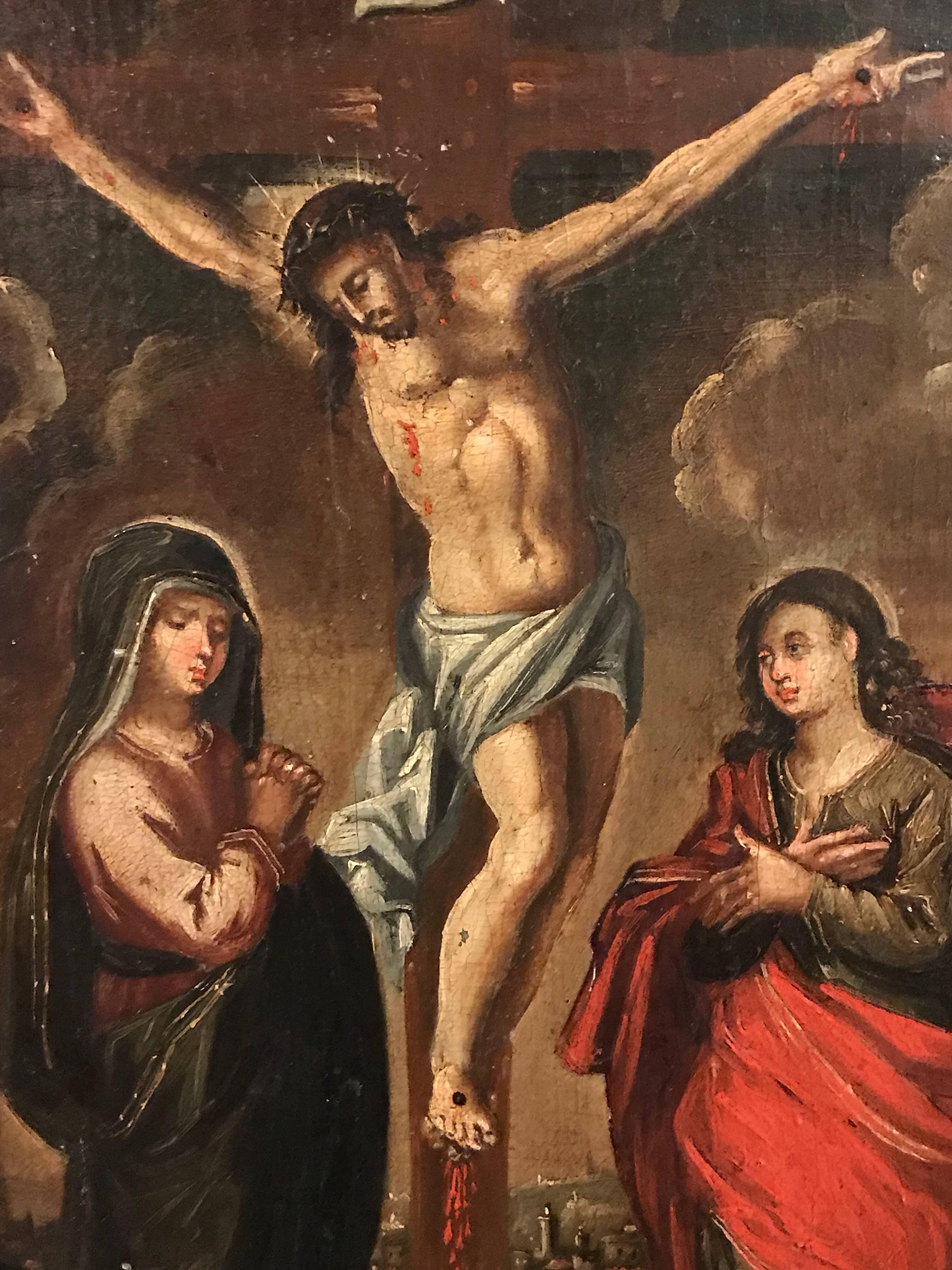 17th Century Oil on Panel - The Crucifixion - Old Masters Painting by Unknown