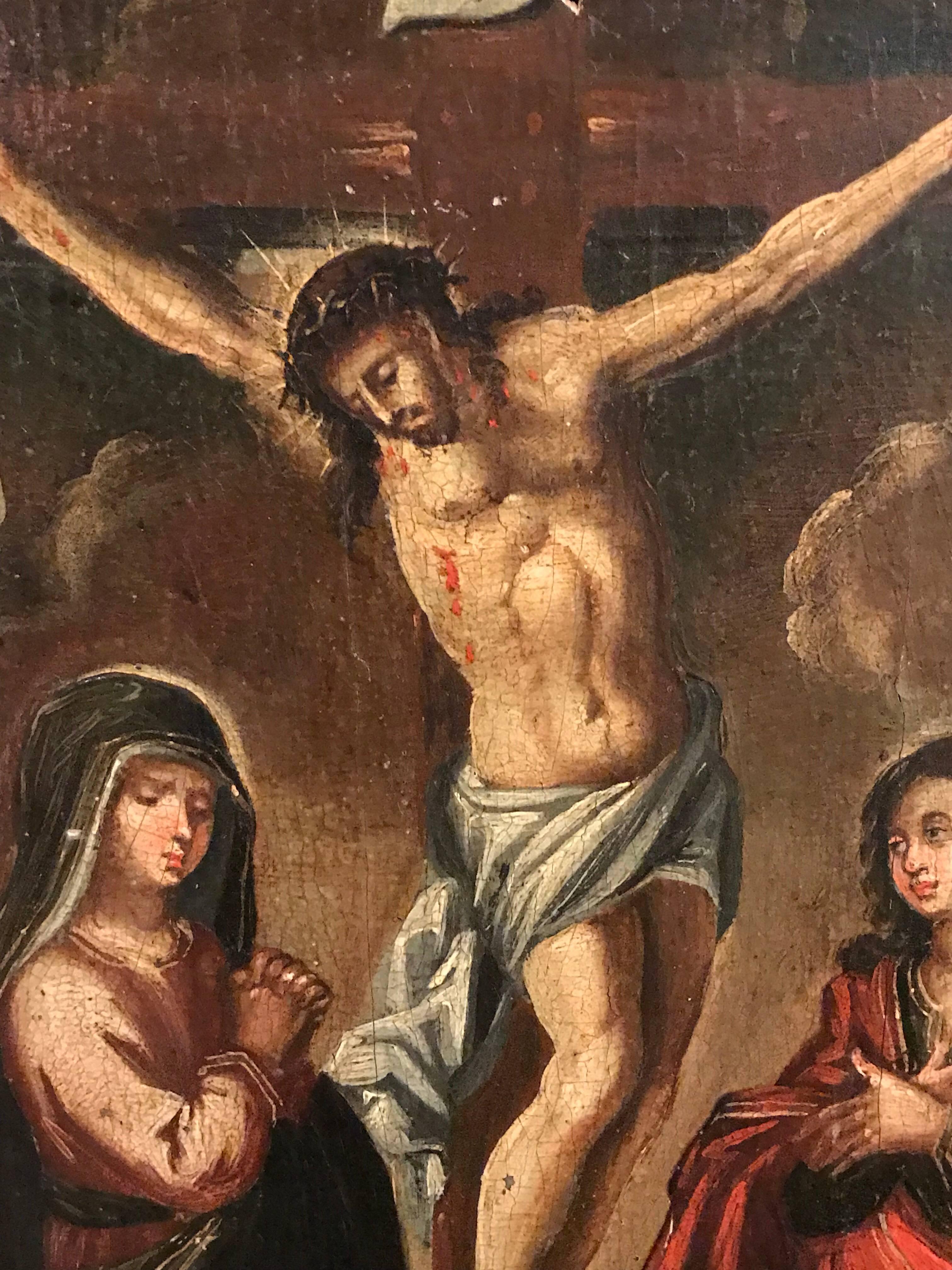 17th Century Oil on Panel - The Crucifixion - Black Figurative Painting by Unknown