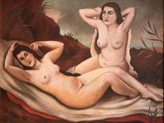 Retro Reclining Nudes in Landscape, signed oil painting