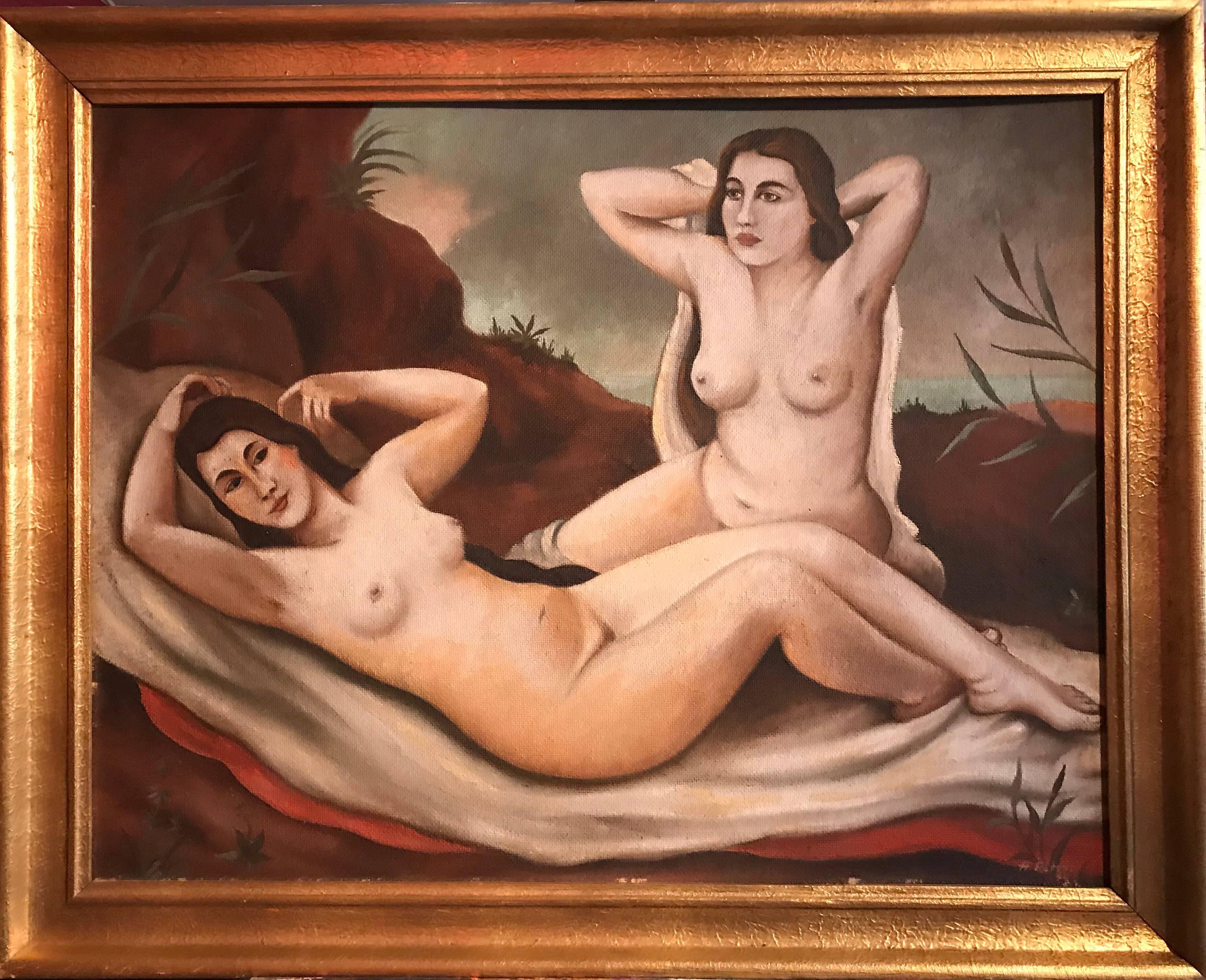 Reclining Nudes in Landscape, signed oil painting - Painting by Unknown