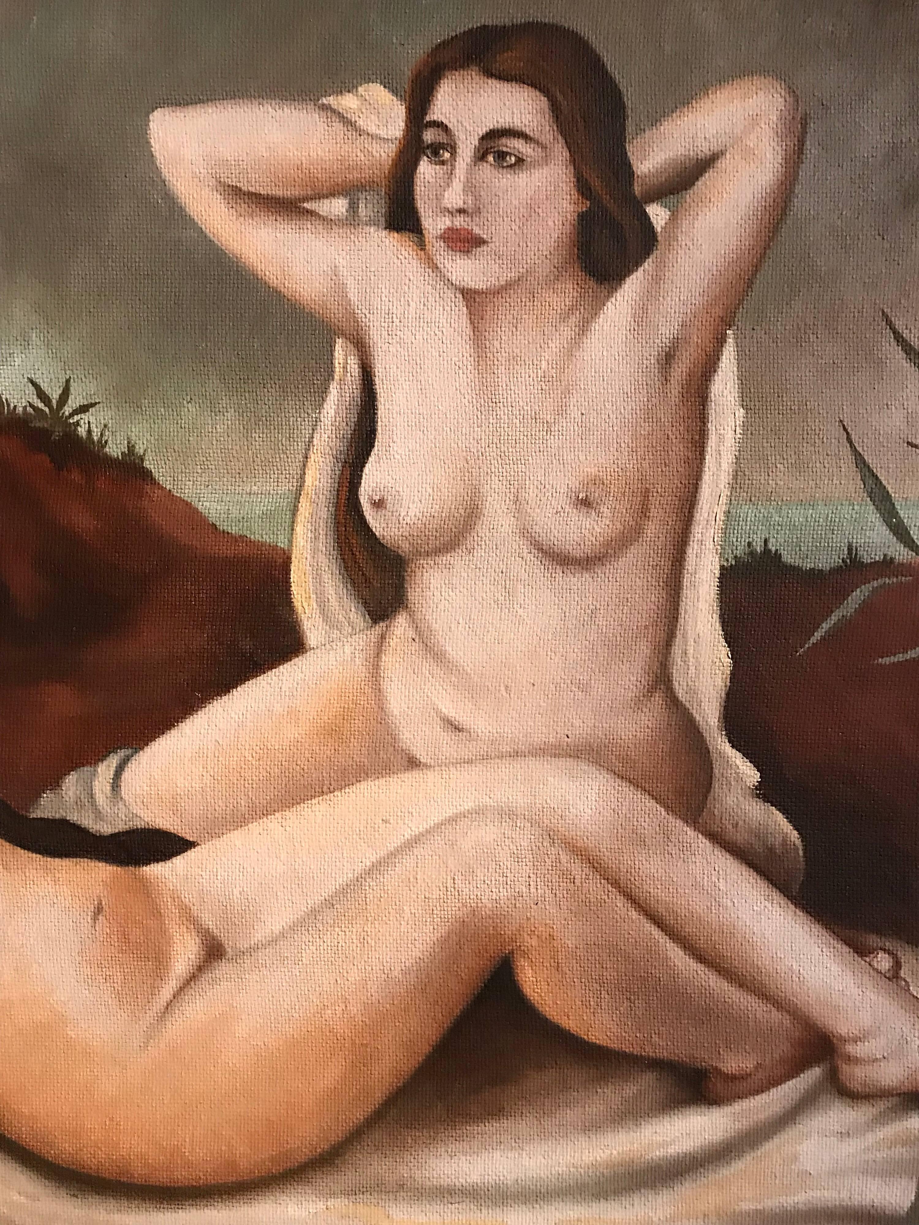 Reclining Nudes in Landscape, signed oil painting - Symbolist Painting by Unknown