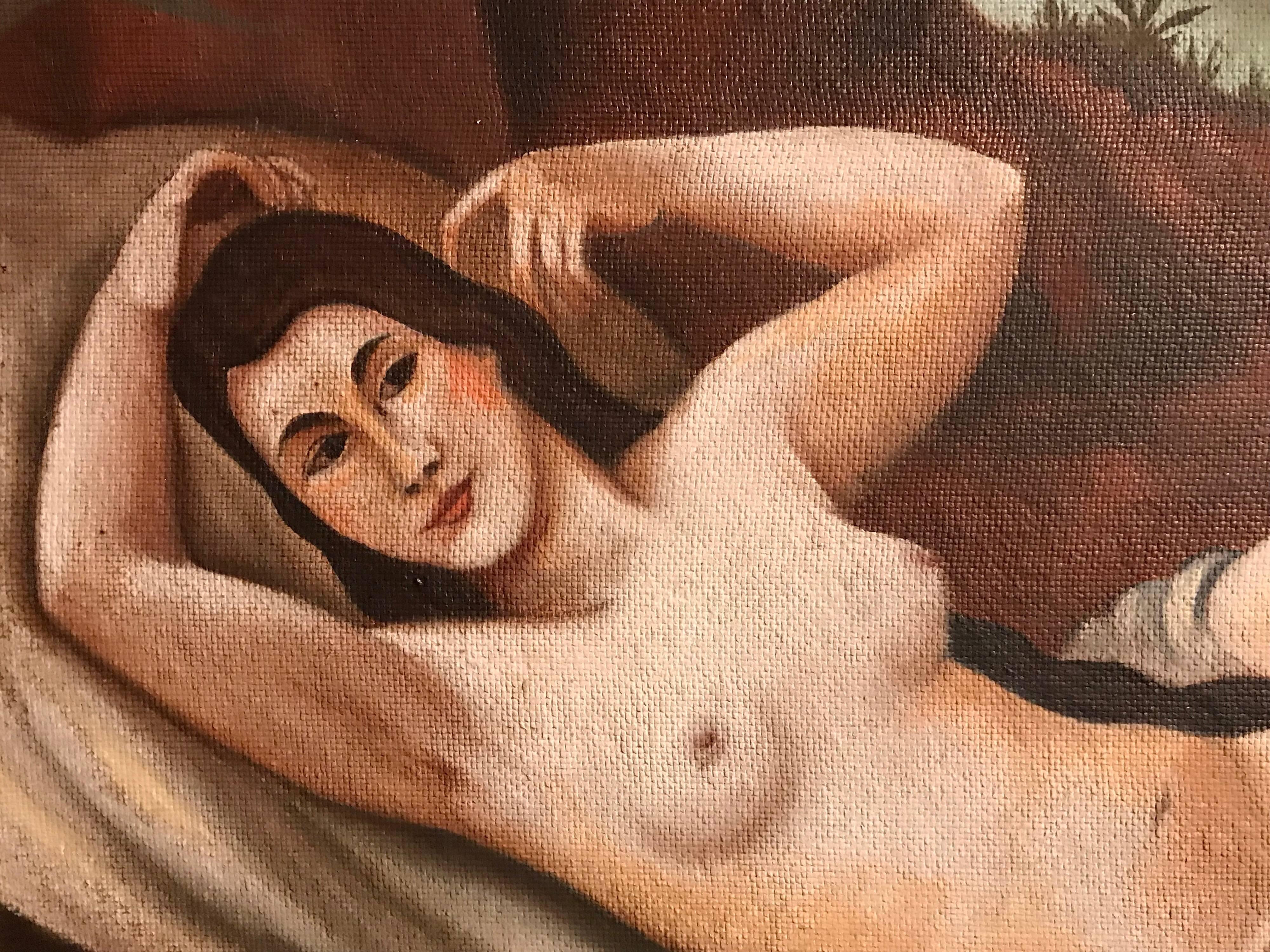 Reclining Nudes in Landscape, signed oil painting - Brown Nude Painting by Unknown