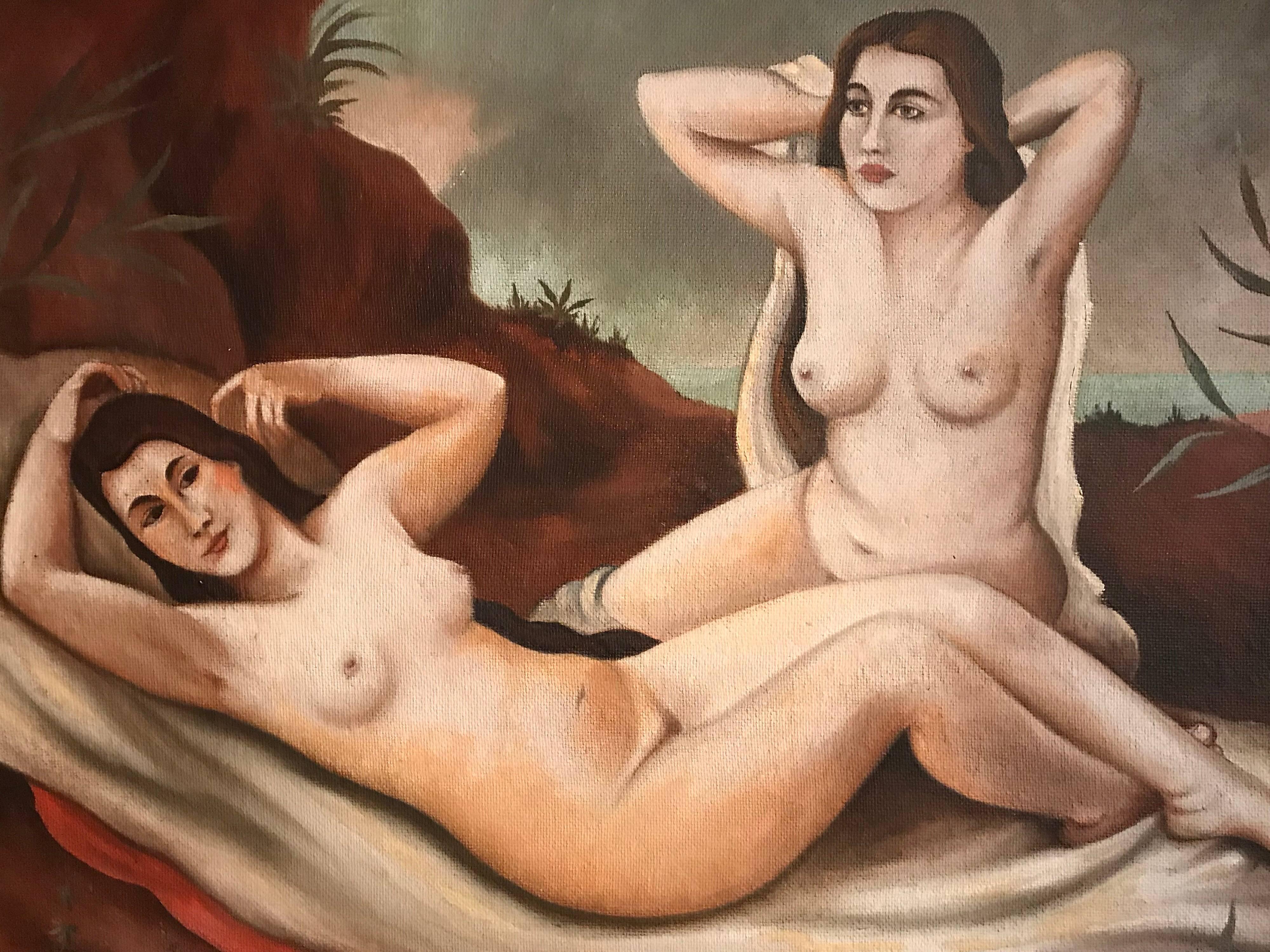 Reclining Nudes in Landscape, signed oil painting For Sale 2