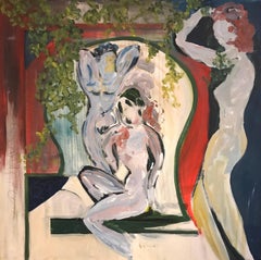 beautifullyunfamiliar nude Nudes in Arcadian Garden, signed oil painting