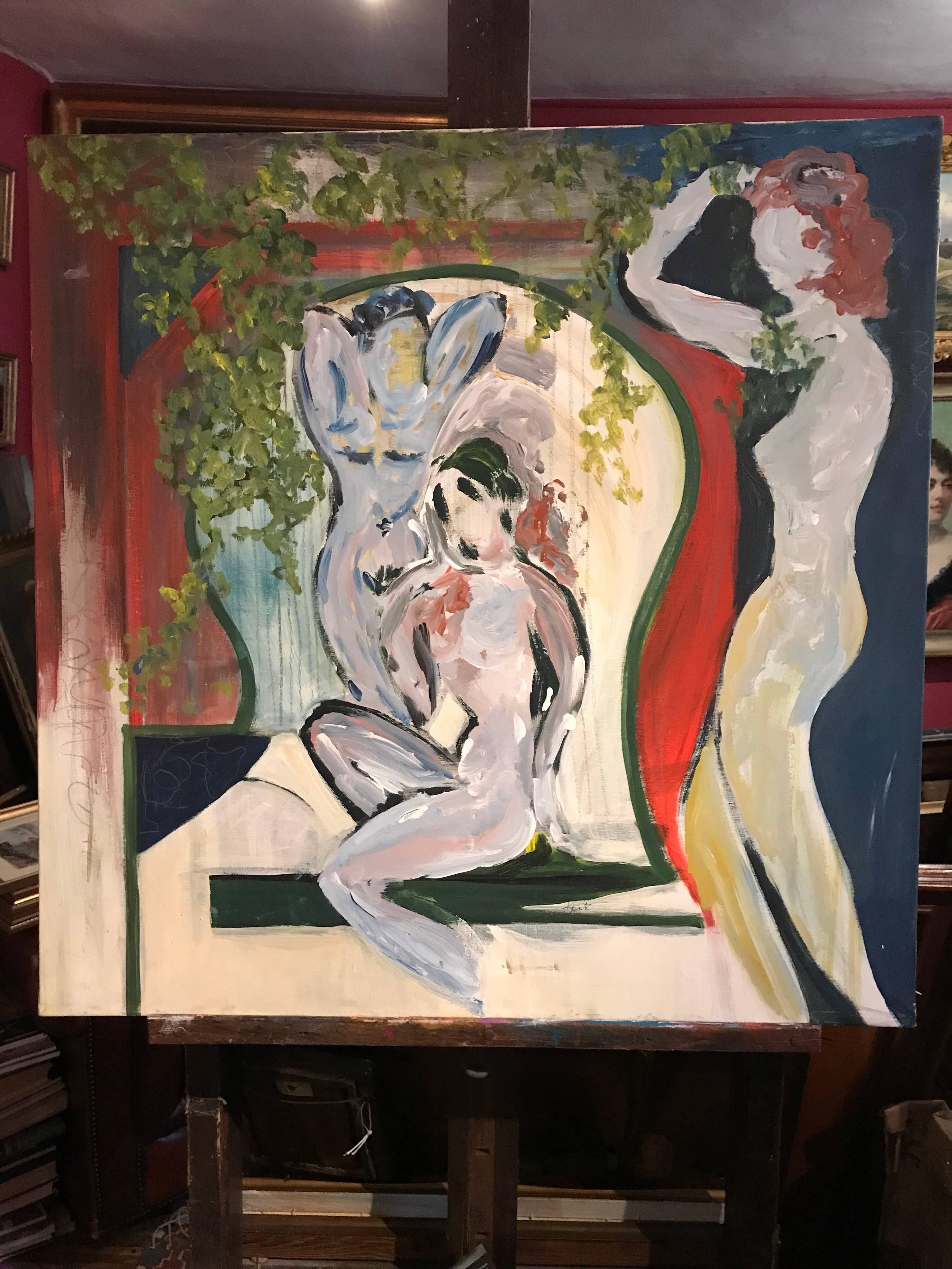 Nudes in Arcadian Garden, signed oil painting 2