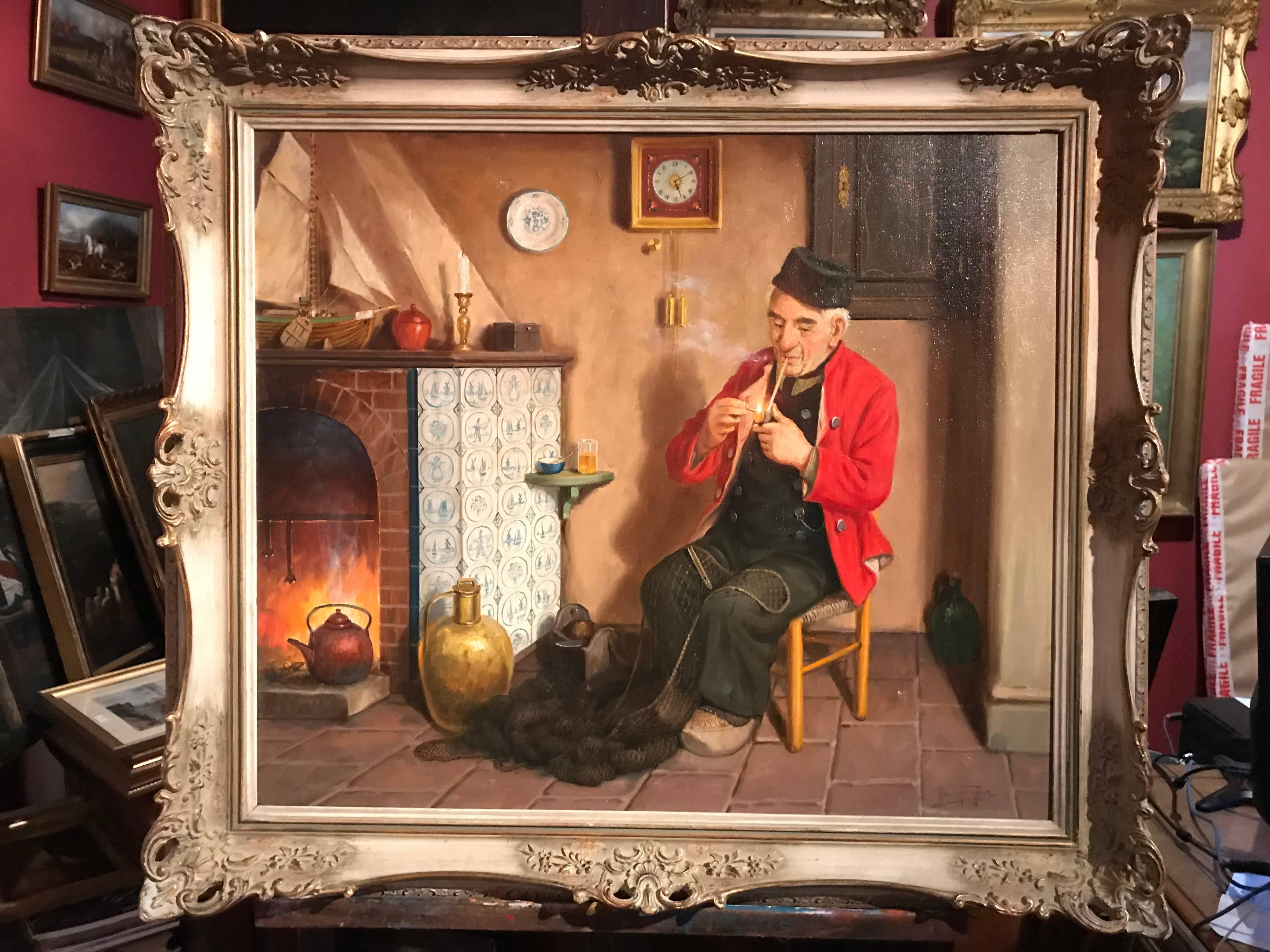 A Quiet Smoke, antique German oil painting - Painting by Hans Fenger