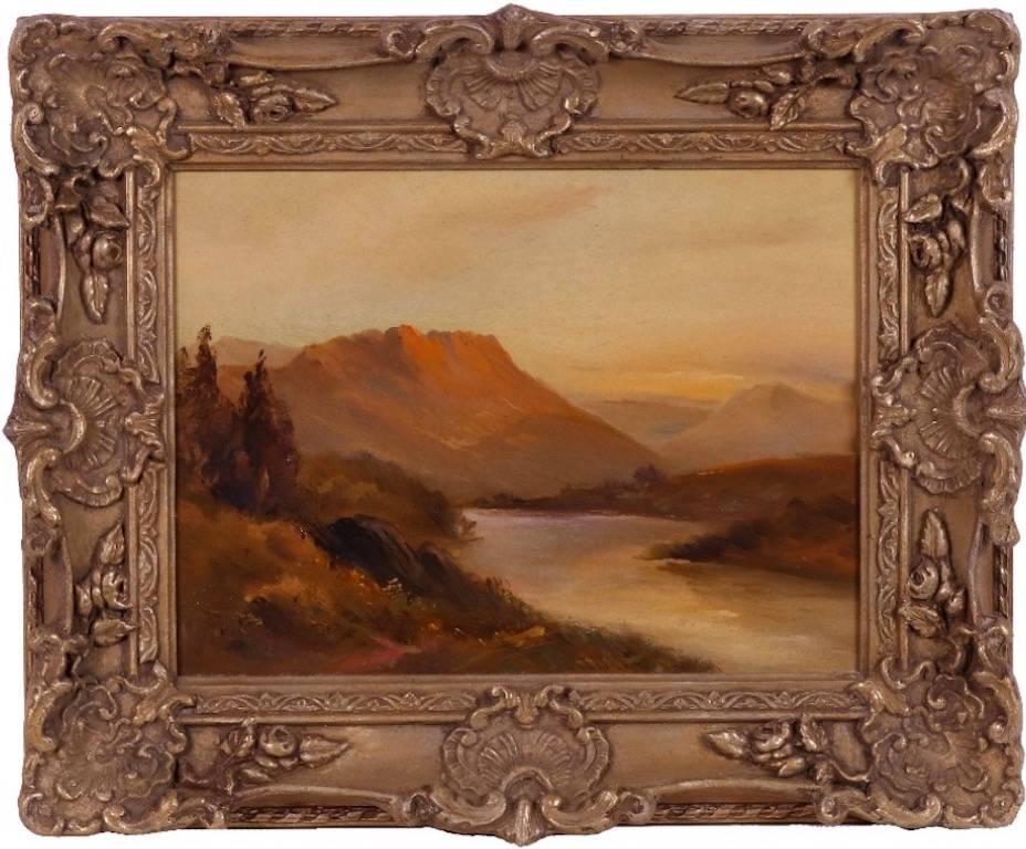 Unknown Landscape Painting - Sunset over the Highlands, antique Scottish painting