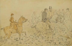 La fête de chasse:: beau dessin à l'aquarelle victorien