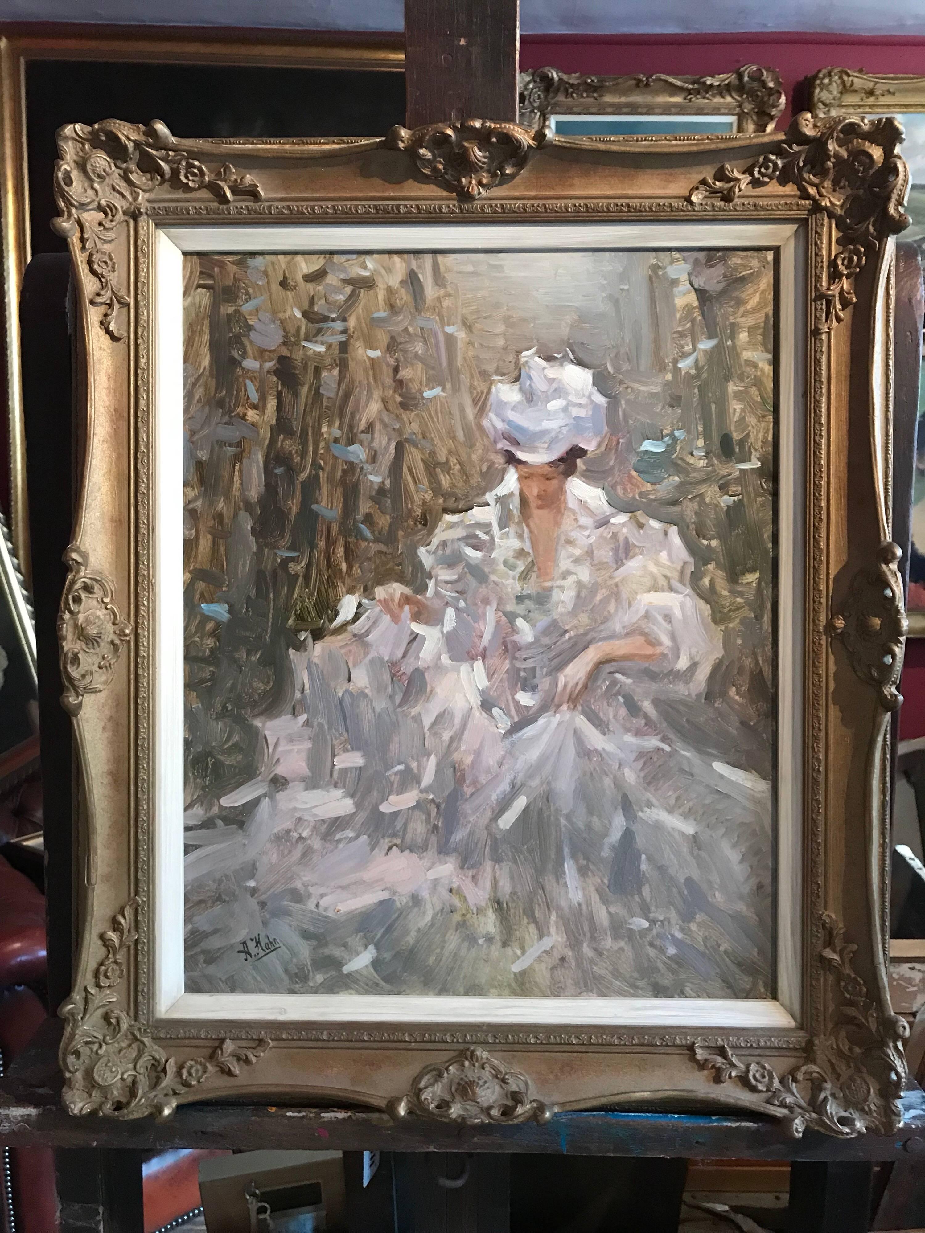 Portrait of a Lady seated in Garden - Signed Oil Painting - Brown Figurative Painting by Unknown