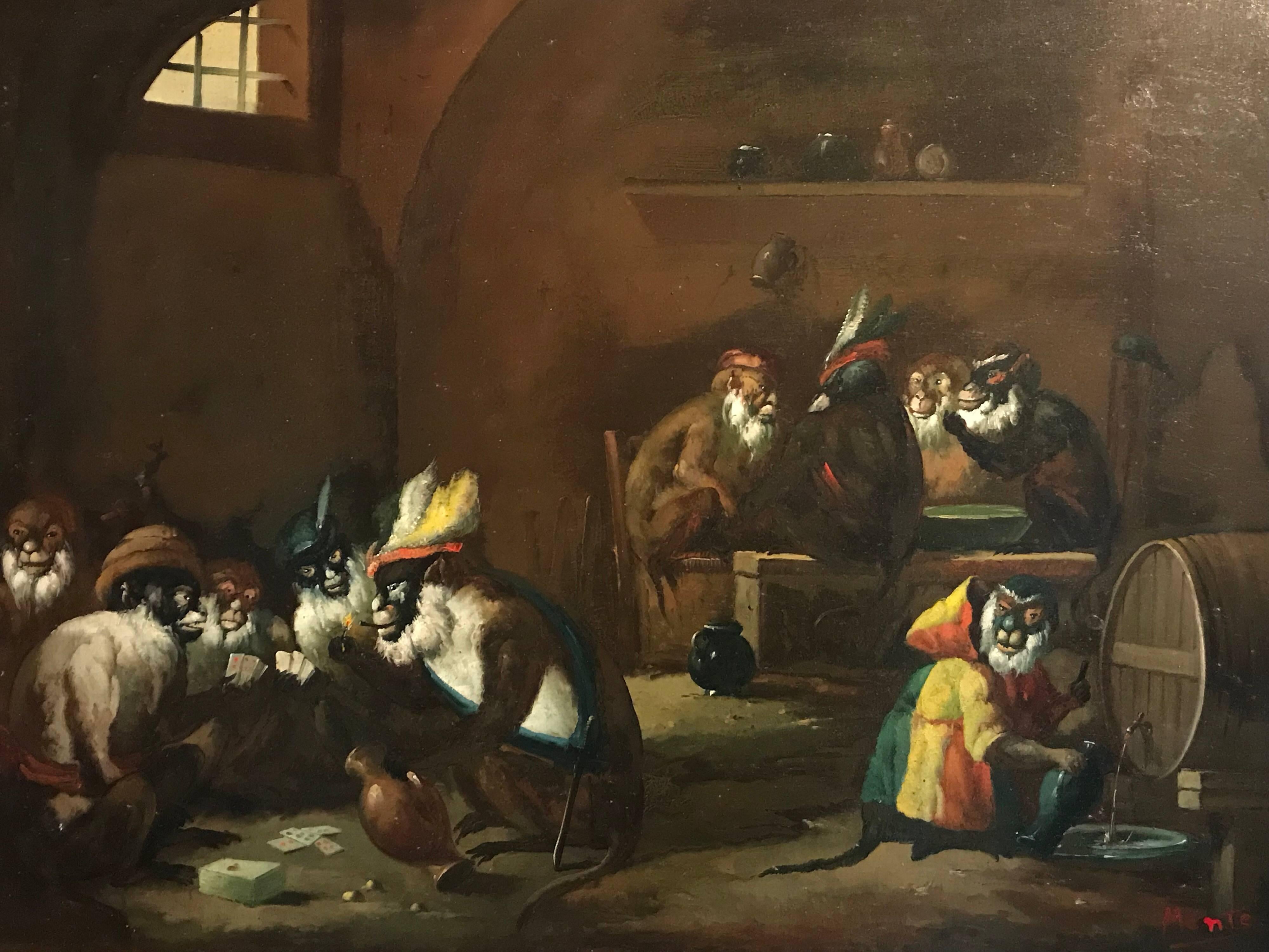 Unknown Interior Painting - Monkeys Playing Cards Tavern Interior, Very Large Oil Painting