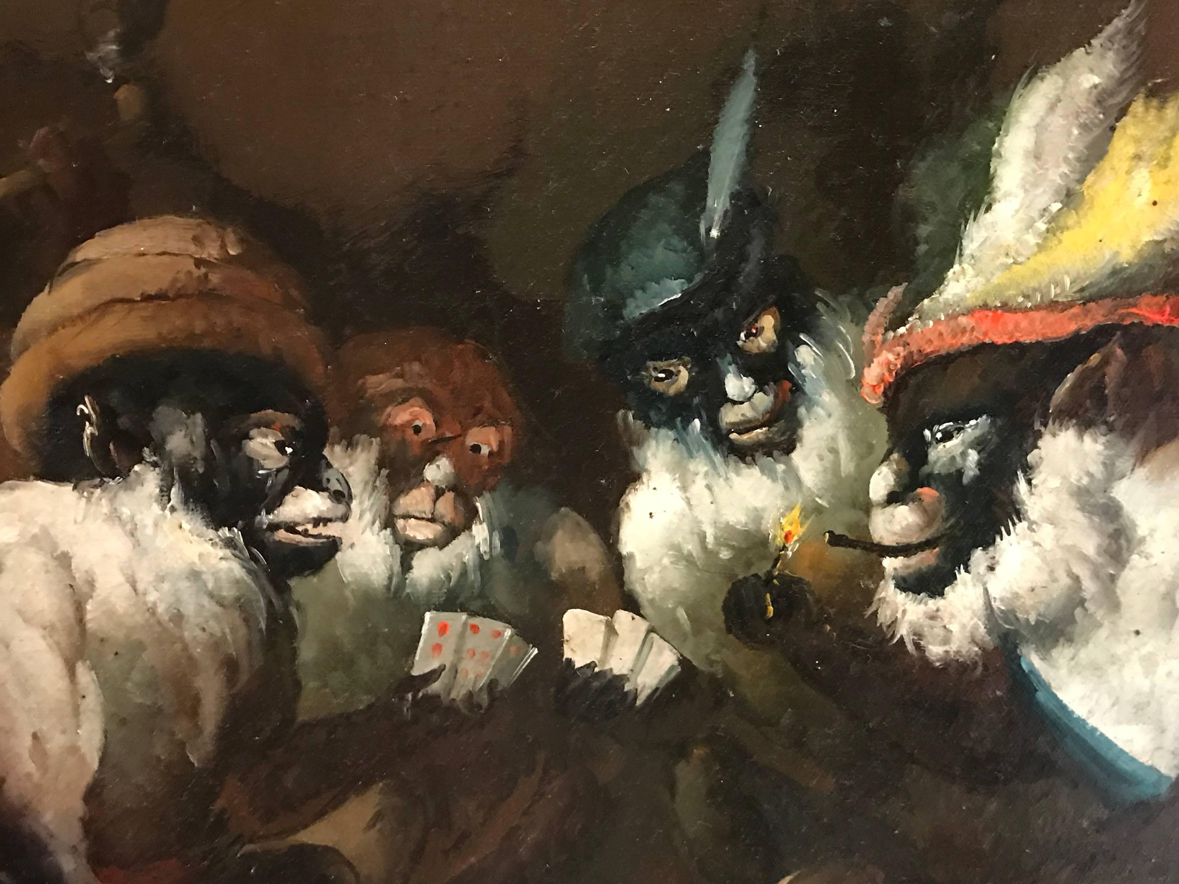 Monkeys Playing Cards Tavern Interior, Very Large Oil Painting - Black Interior Painting by Unknown