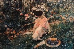 Vintage Dappled Light Girl Reading in Flower Garden, Huge Impressionist Oil Painting