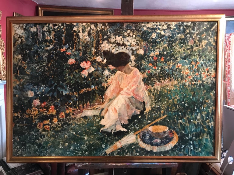Dappled Light Girl Reading in Flower Garden, Huge Impressionist Oil Painting - Black Figurative Painting by Unknown
