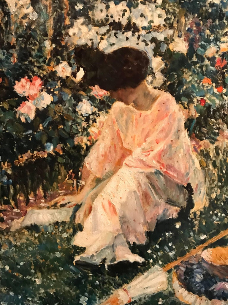 Reading in the Garden
French School, late 20th century
oil painting on canvas, framed

framed size: 36 x 51 inches

Utterly beautiful French Impressionist oil painting on canvas, depicting this fashionable young lady seated in a garden. She reads a
