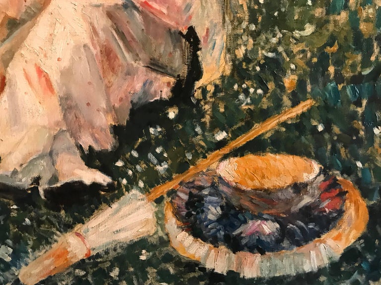 Dappled Light Girl Reading in Flower Garden, Huge Impressionist Oil Painting For Sale 1