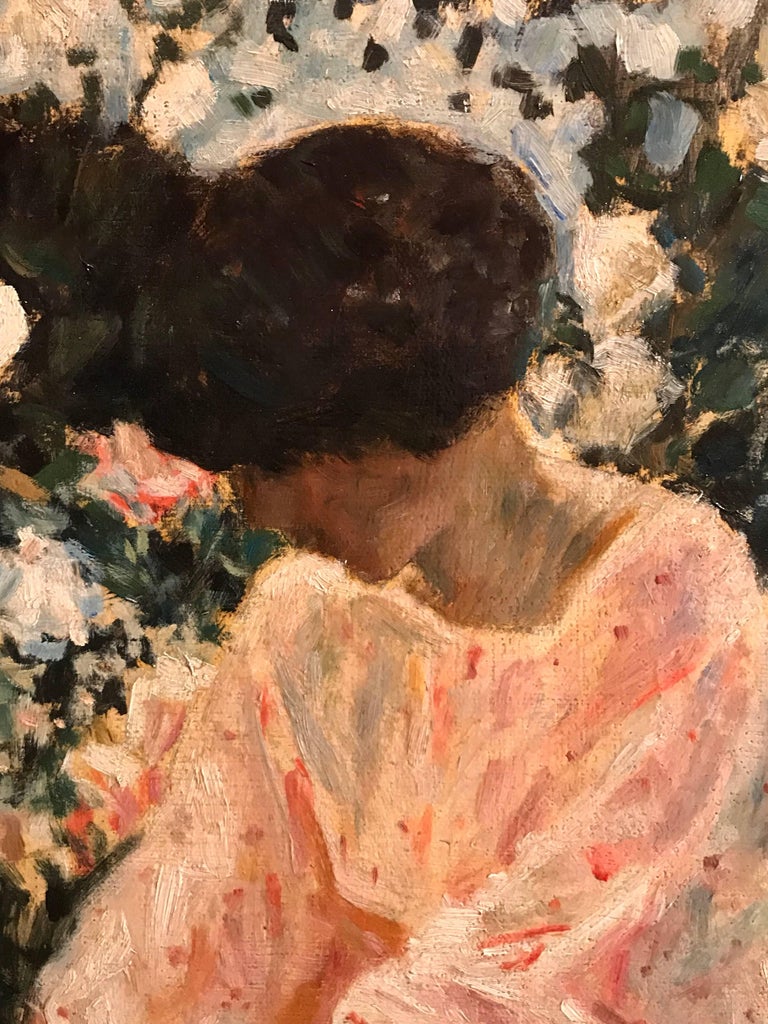 Dappled Light Girl Reading in Flower Garden, Huge Impressionist Oil Painting For Sale 3
