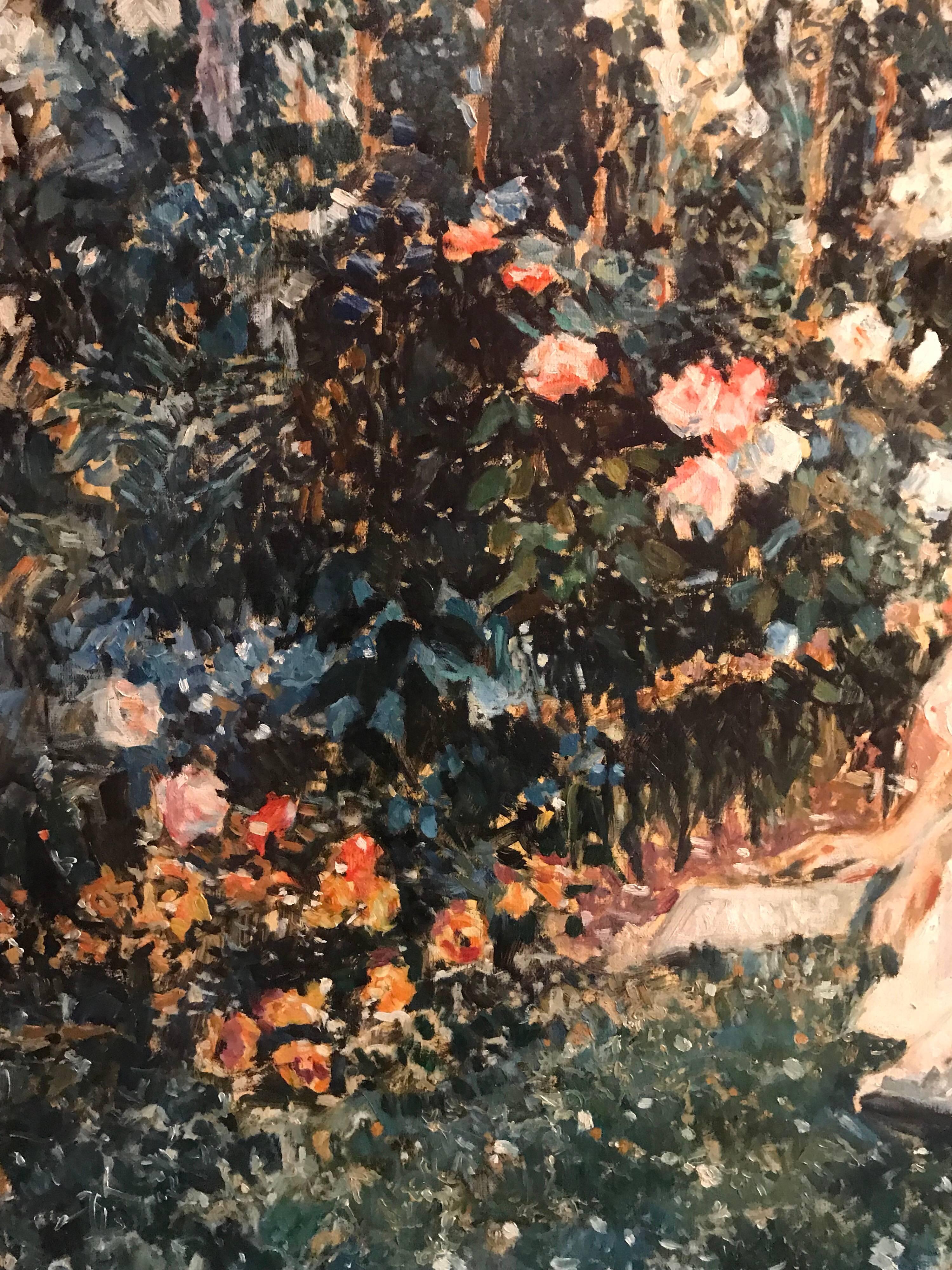 Dappled Light Girl Reading in Flower Garden, Huge Impressionist Oil Painting 1
