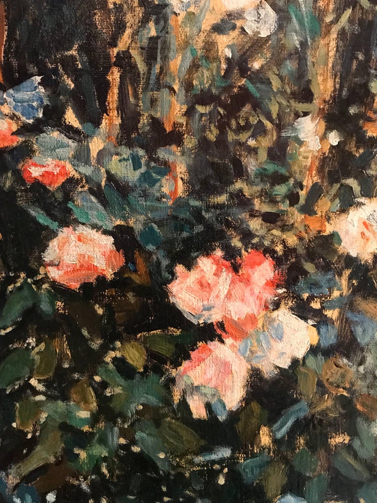 Dappled Light Girl Reading in Flower Garden, Huge Impressionist Oil Painting For Sale 5