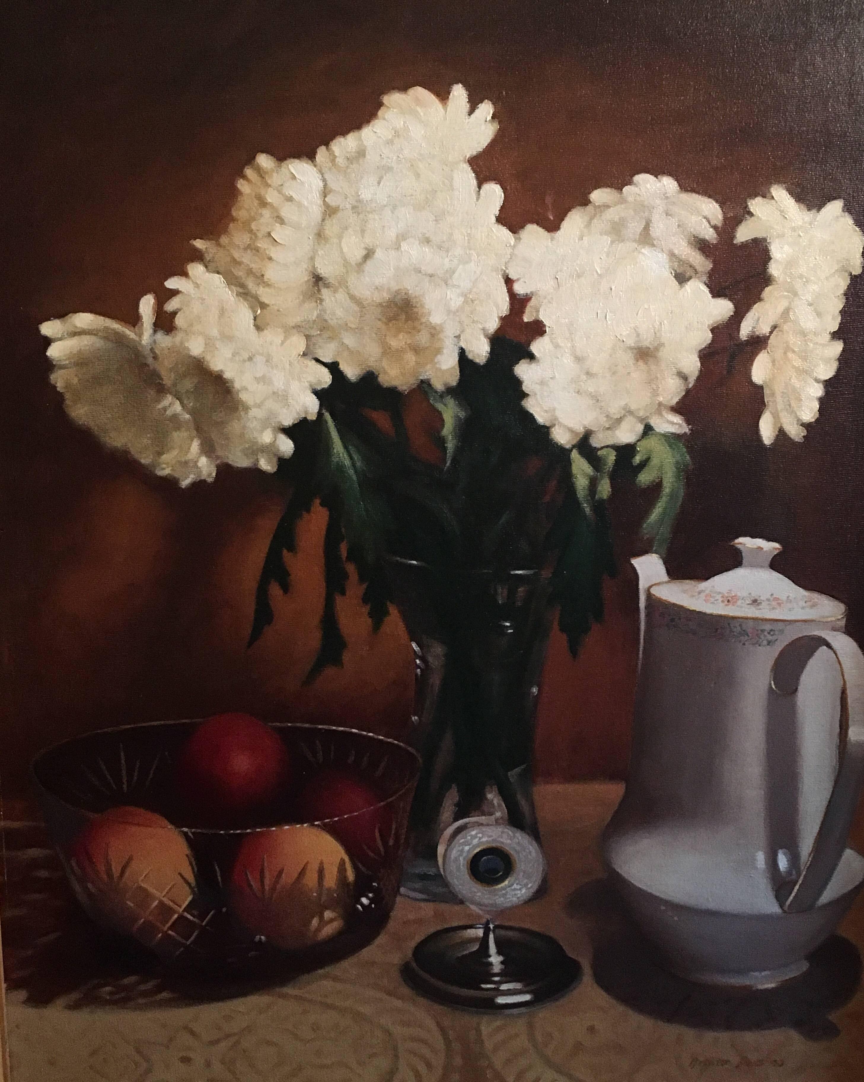 Interior Painting di Arthur Pass - Natura morta britannica Fiori e frutta firmata a olio