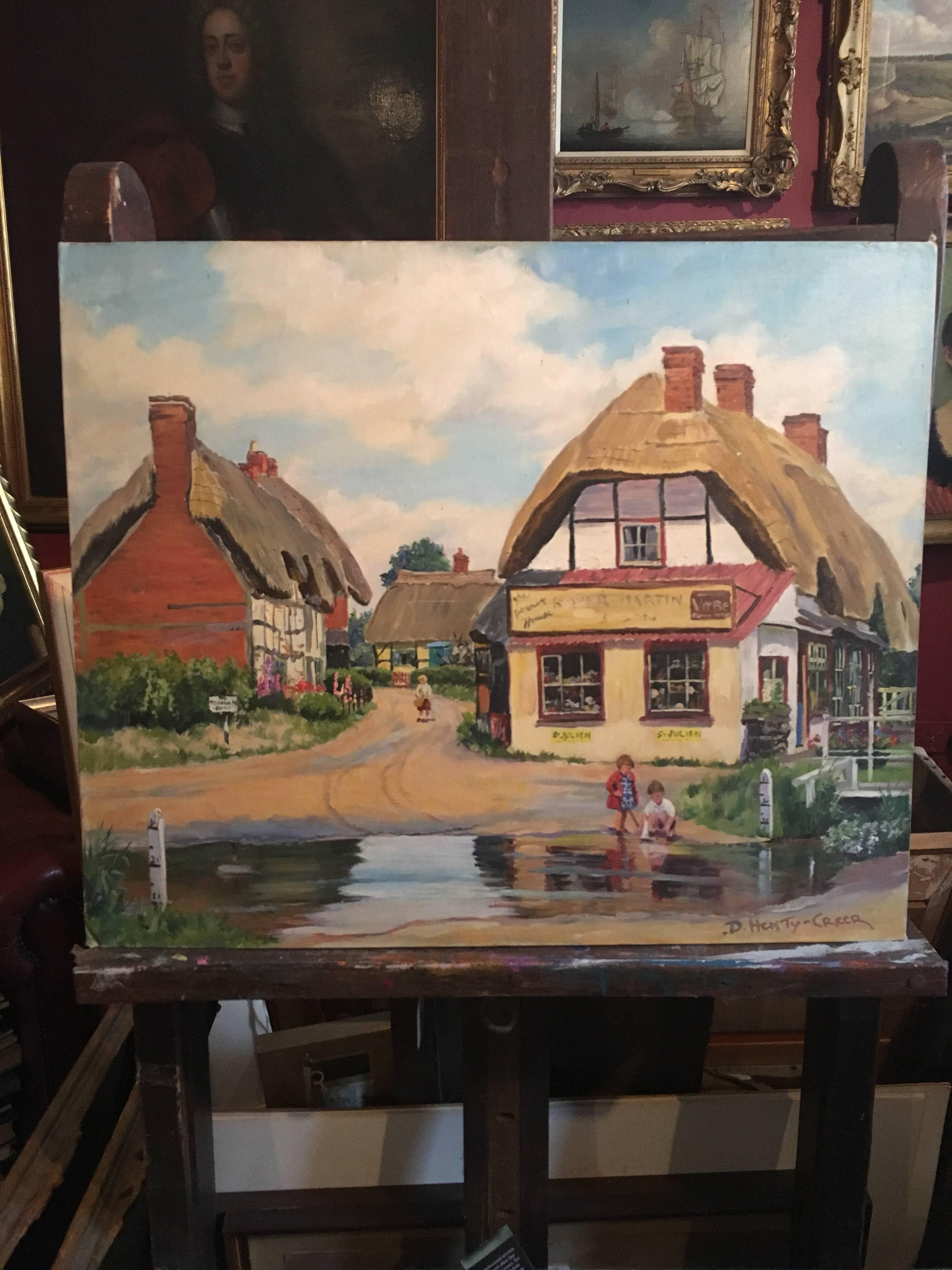 The English Village Kings Somborne, River Ford Hampshire - Peinture à l'huile - Painting de Deidre Henty-Creer
