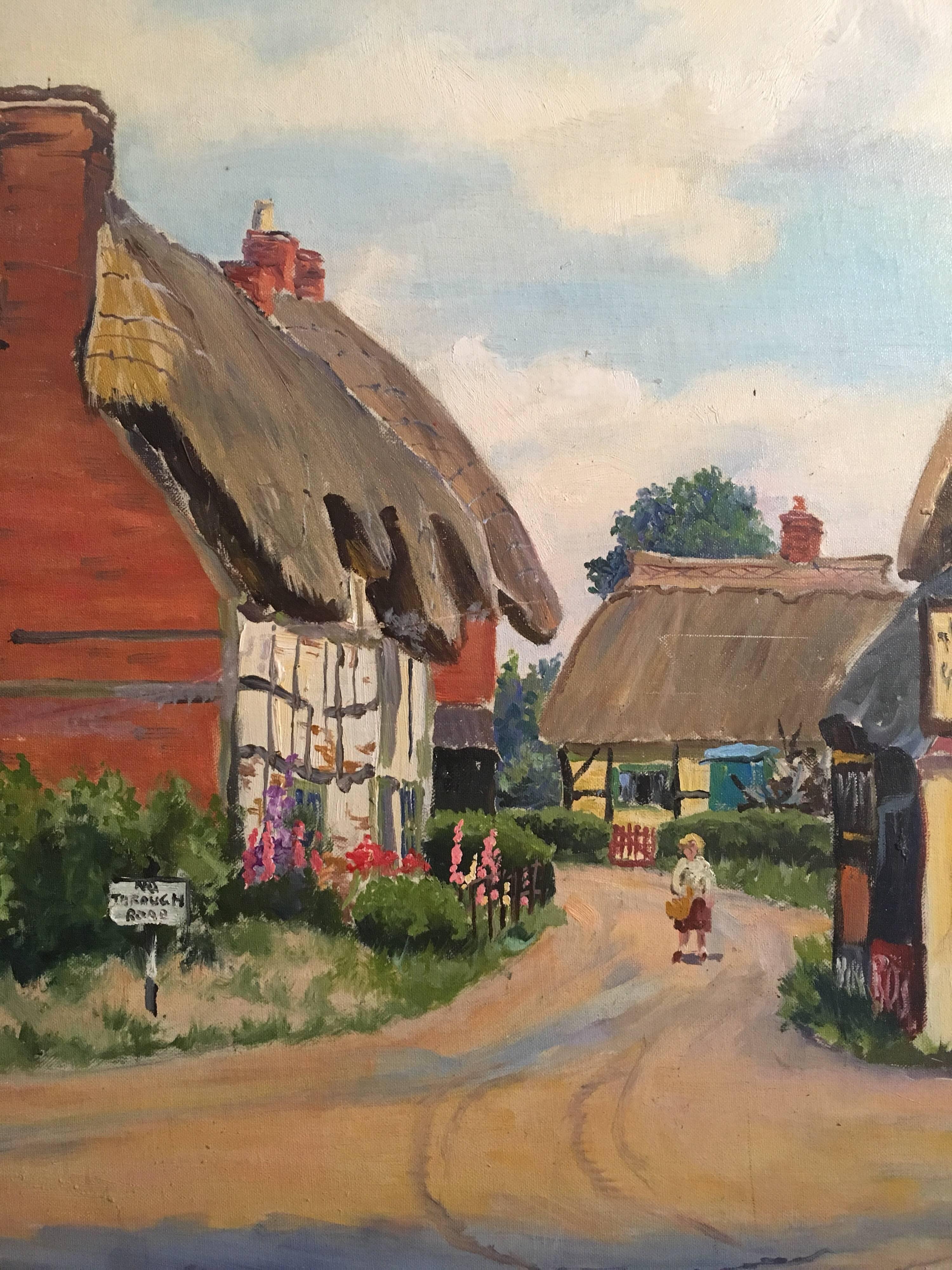 The English Village Kings Somborne, River Ford Hampshire - Peinture à l'huile - Marron Interior Painting par Deidre Henty-Creer