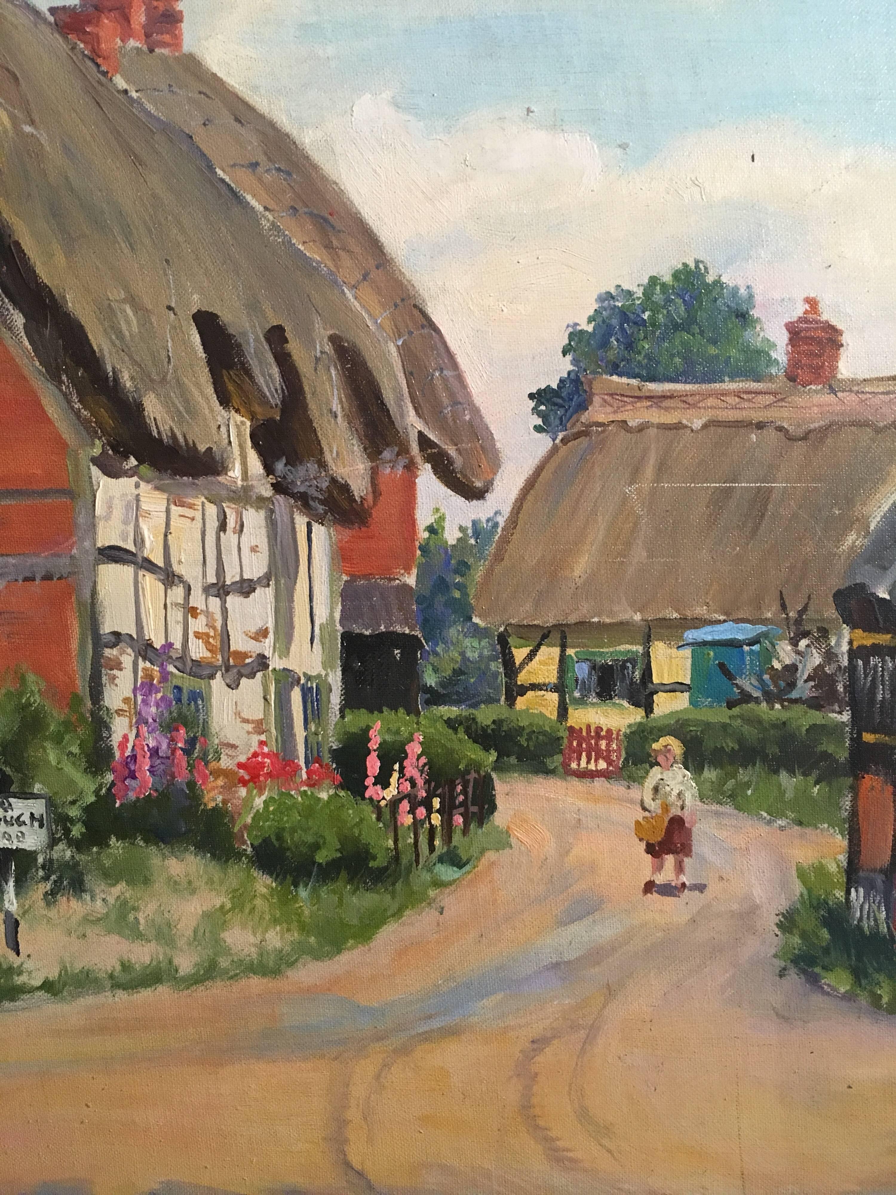 The English Village Kings Somborne, River Ford Hampshire - Peinture à l'huile en vente 3