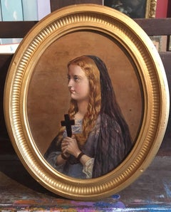 Young Girl in Prayer, Oval 19th Century Oil Painting.